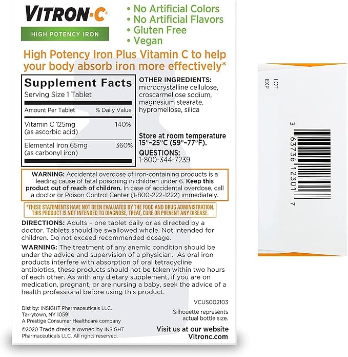Vitron-C Iron Supplement Plus Vitamin C Coated Tablets 60 ct (6 Pack)