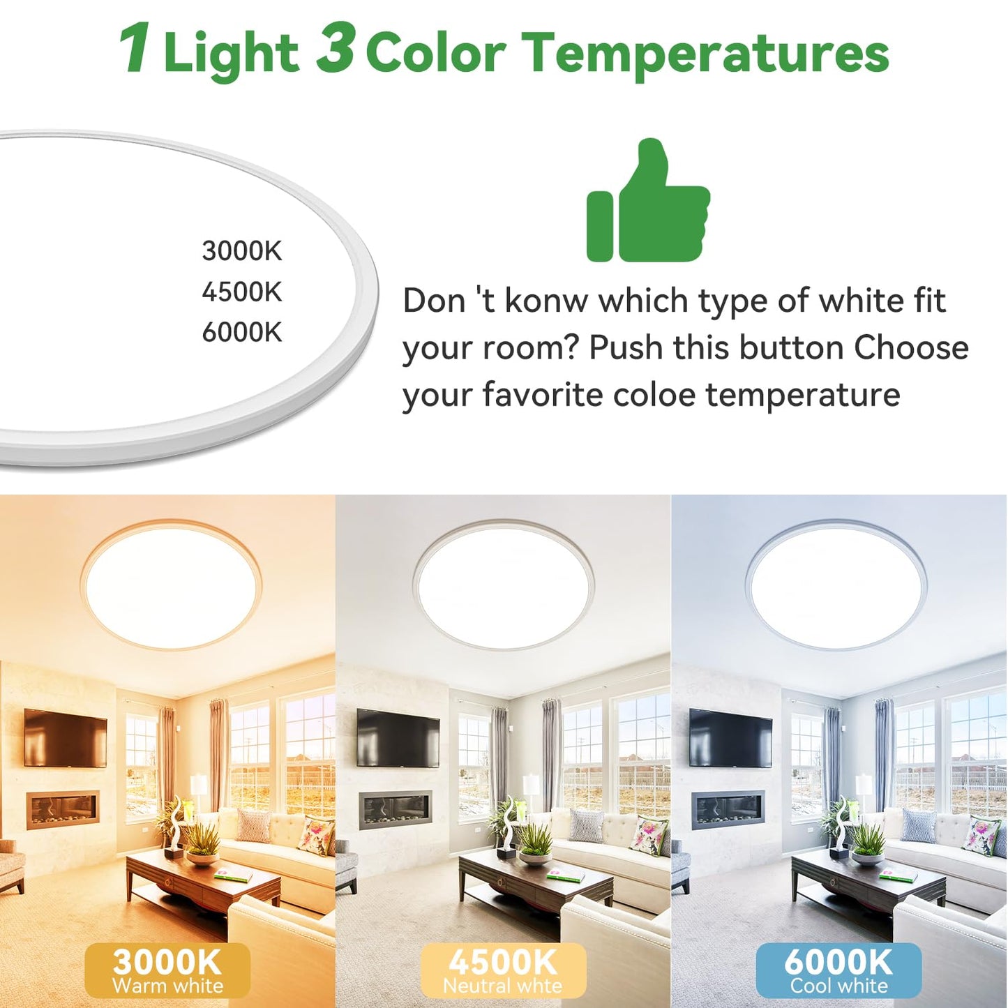 hepside Flush Mount Ceiling Light Fixture, 15.8 Inch, White, Dimmable, 3CCT 3000/4500/6000K, 36W,