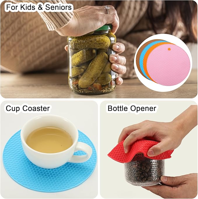 uxcell 4pcs Silicone Jar Opener Pads, 17.5cm/7" Texture Can Opener Multipurpose Round Bottle Lid Opener Non-Slip Coasters for Weak Hands Seniors Children, Brown/Pink/Orange/Blue