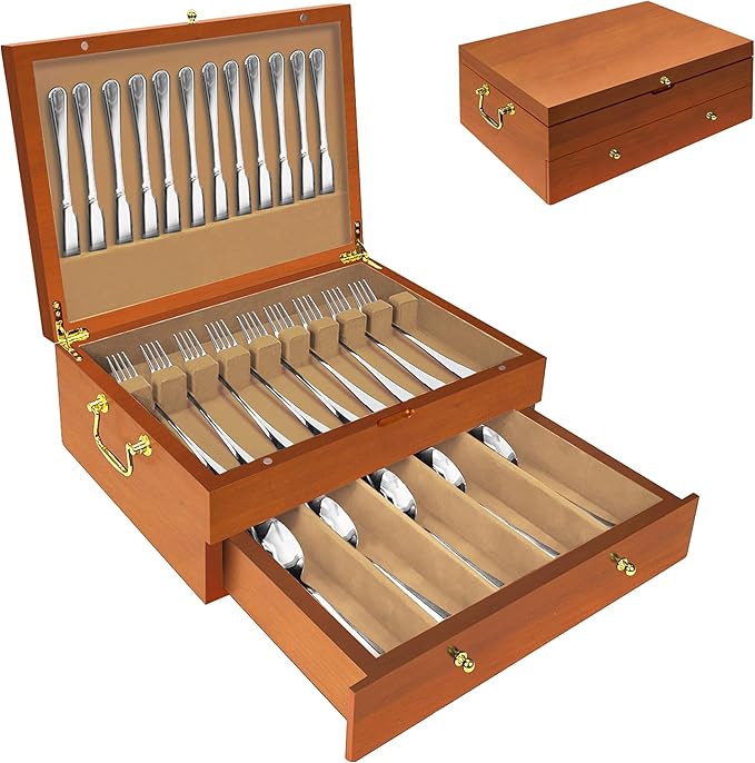 Silverware Storage Box Solid Wood with Lid, 2 Layer Silverware Storage Chest, 15.5'' ×11.5'' Silverware Organizer with Handle and Felt Lined, Chest for Flatware Setting Up 30