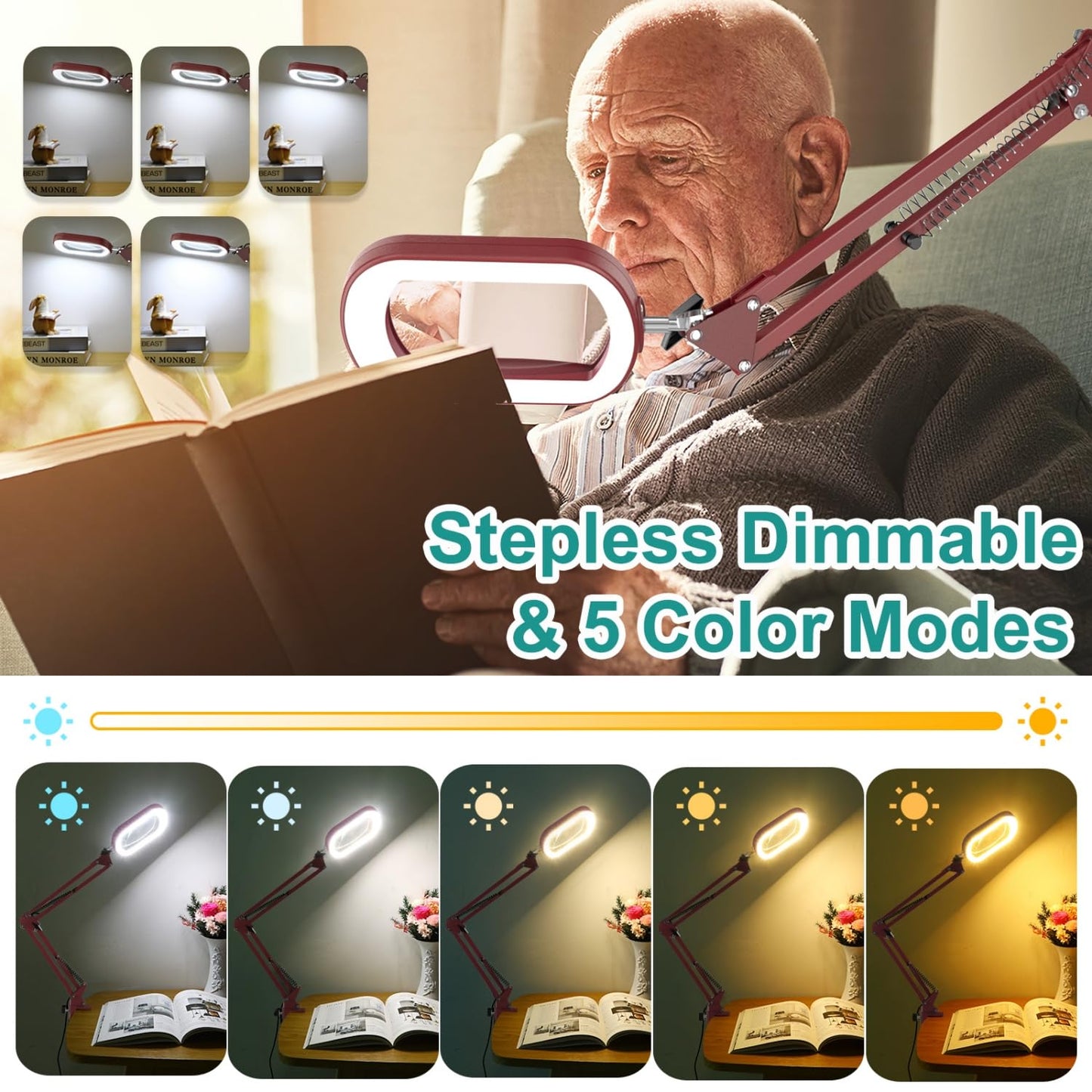 IVMAIE 10X Magnifying Glass with Light, Stepless Dimmable, LED Clamp Desk Lamp, Red, Model JZ602