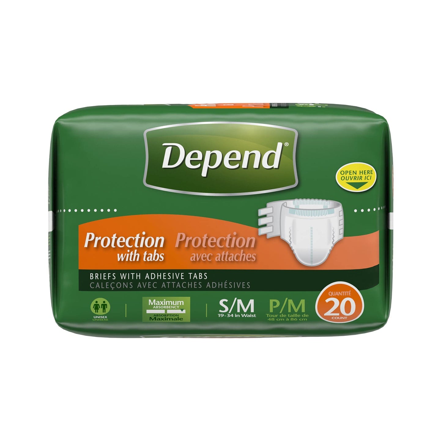Depend Protection with Tabs, Maximum Briefs S/M, 20 Count 19-34 in Waist