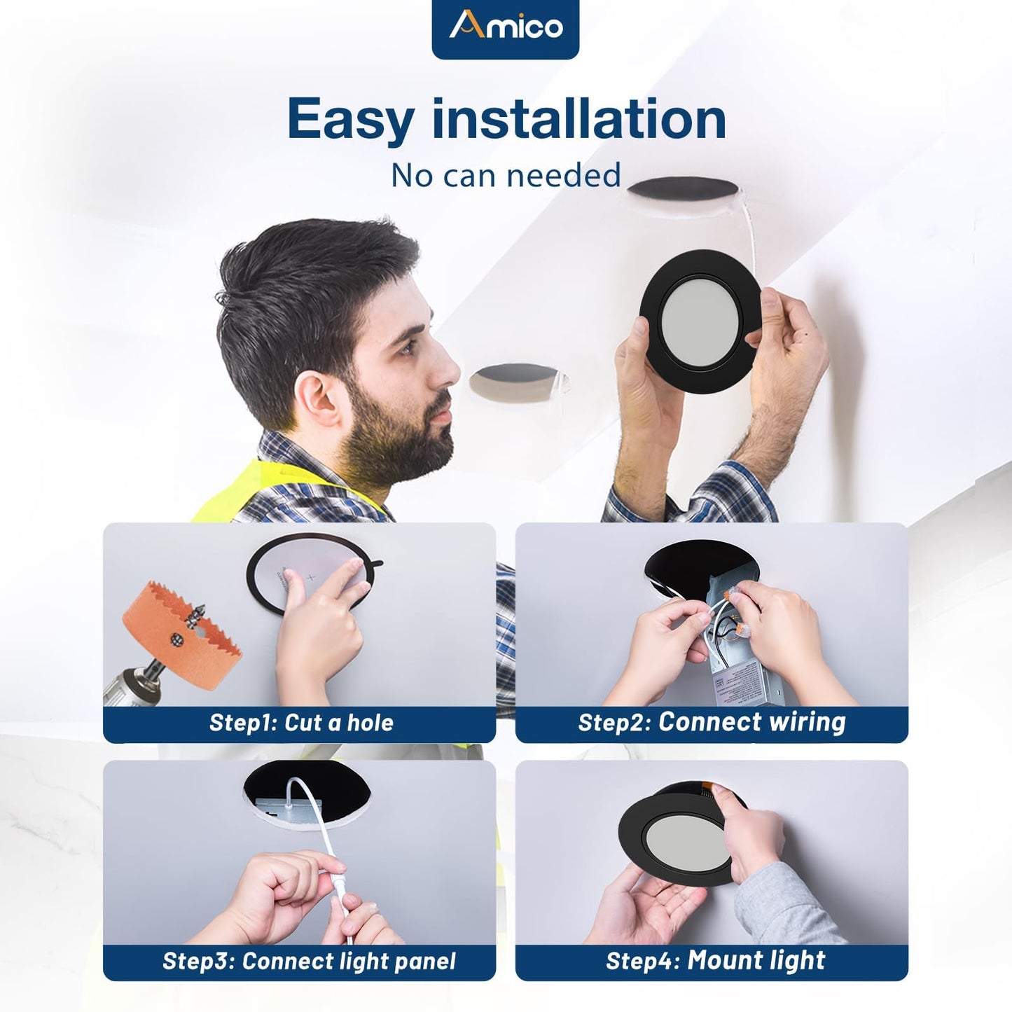 Amico 6 Pack 6 Inch 5Cct Gimbal Led Recessed Lighting  360&90 Adjustable Eyeball Directional Downlight  Dimmable  2700K/3000K/3500K/4000K/5000K Selectable  Cri90+ 12W 1200Lm  Black  Etl&Fcc