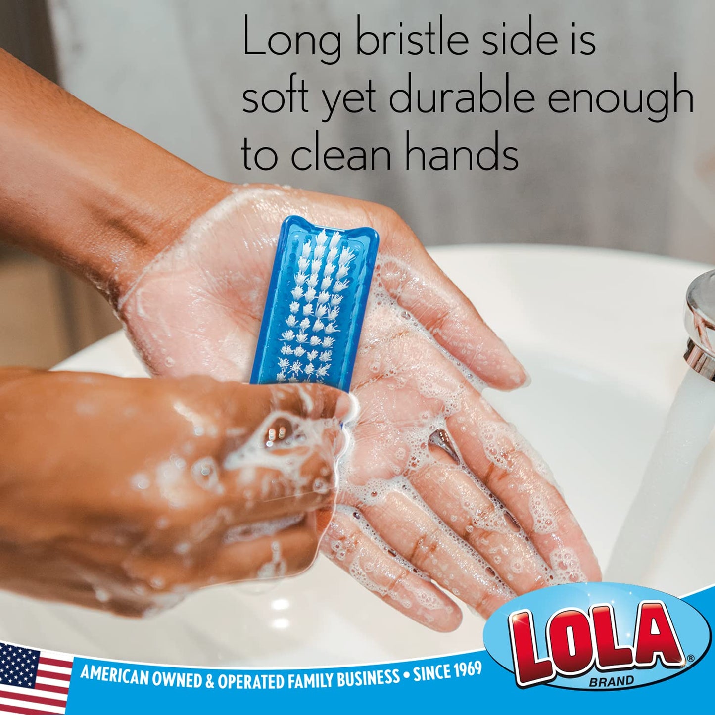 LOLA Classic Hand & Nail Brush, 2 Sided - 3 Pack, Soft & Stiff, Comfortable No-Slip Grip, Cleans Hands & Fingernails, Assorted C