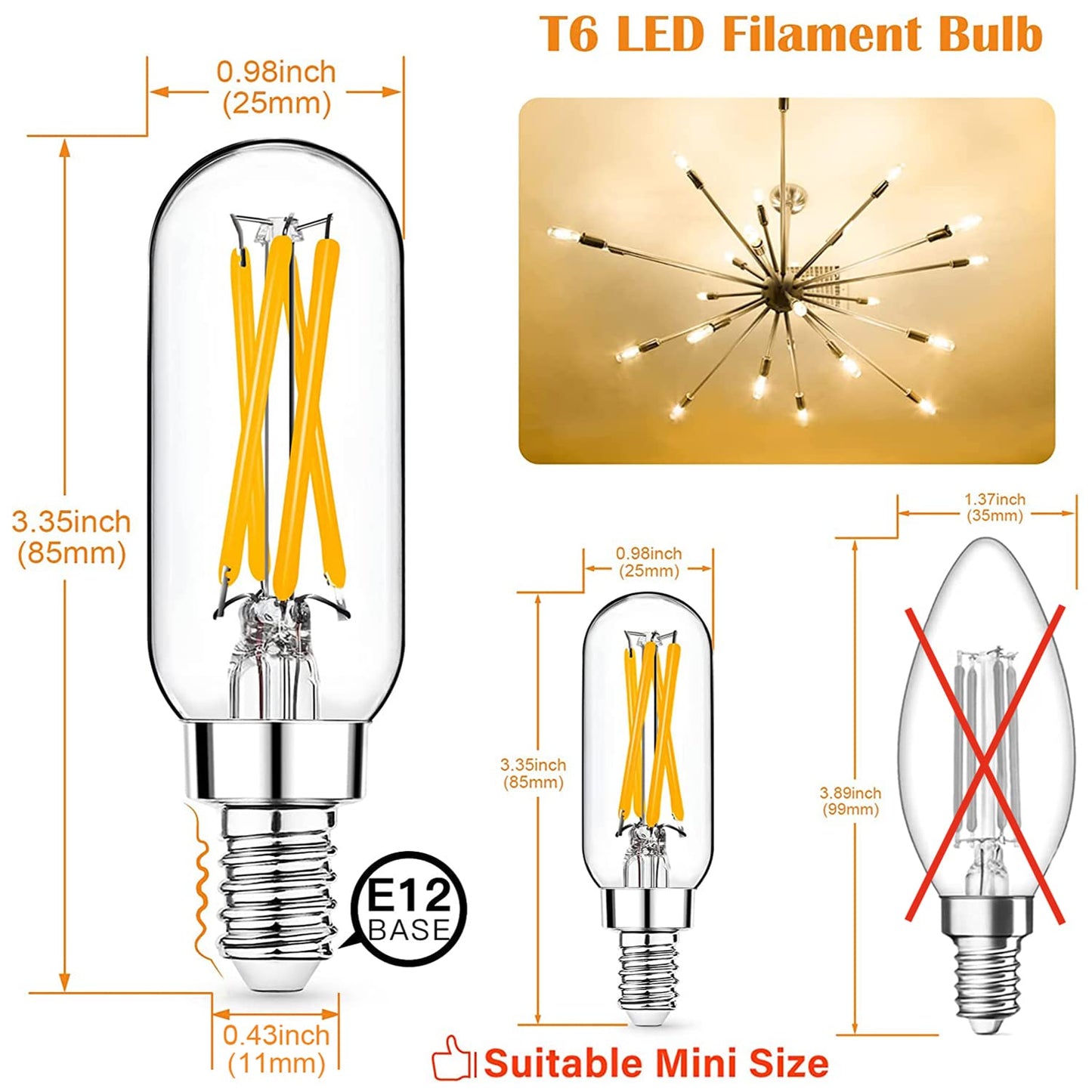 Mlambert 24 Pack E12 Led Edison Bulbs, 4W Warm White Dimmable, T6 Glass Candelabra Light Bulbs For Chandeliers & Wall Sconces