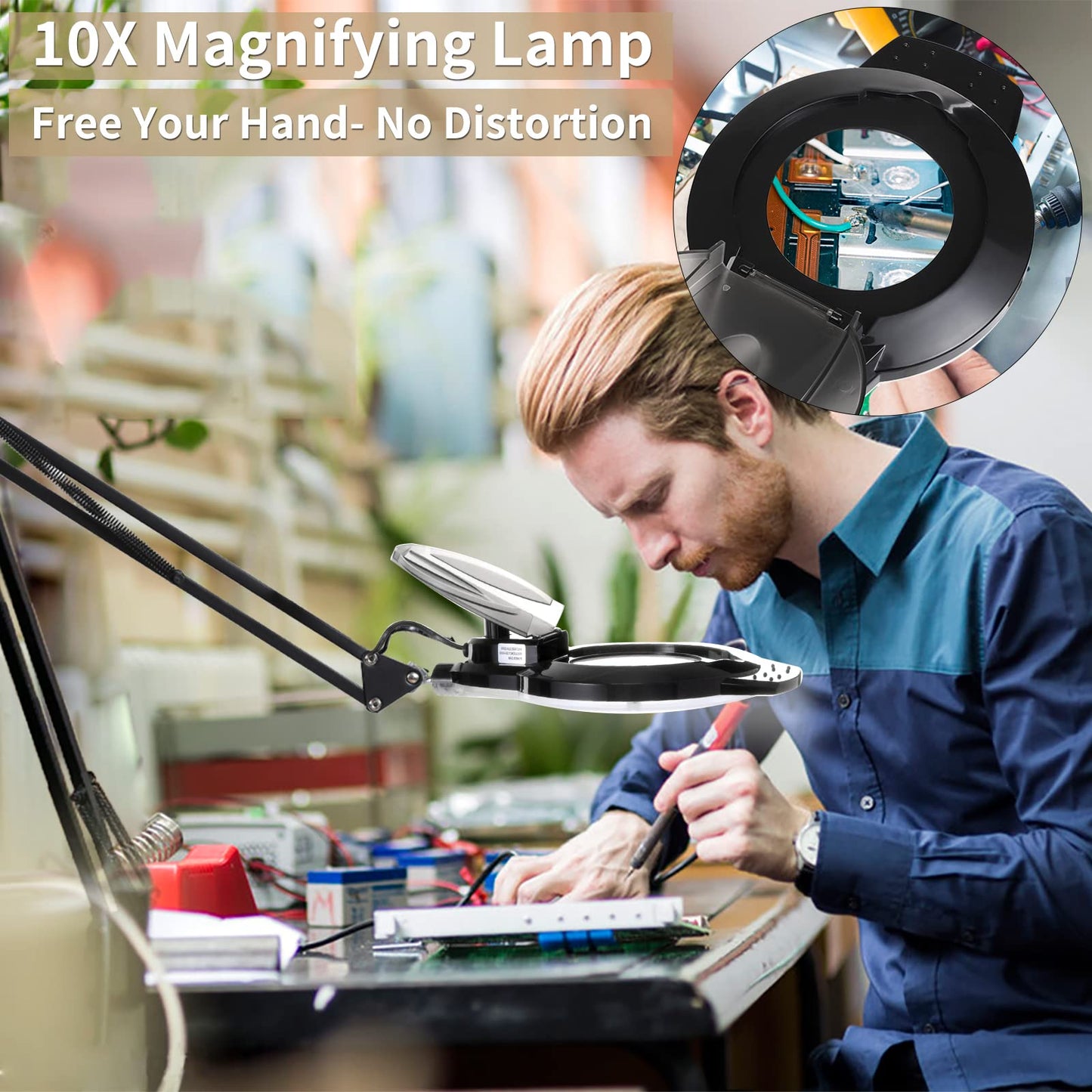 ADDIE KIRKAS 10X LED Magnifying Lamp with Clamp, 2200 Lumens Dimmable, Adjustable Arm, Aluminum, Black