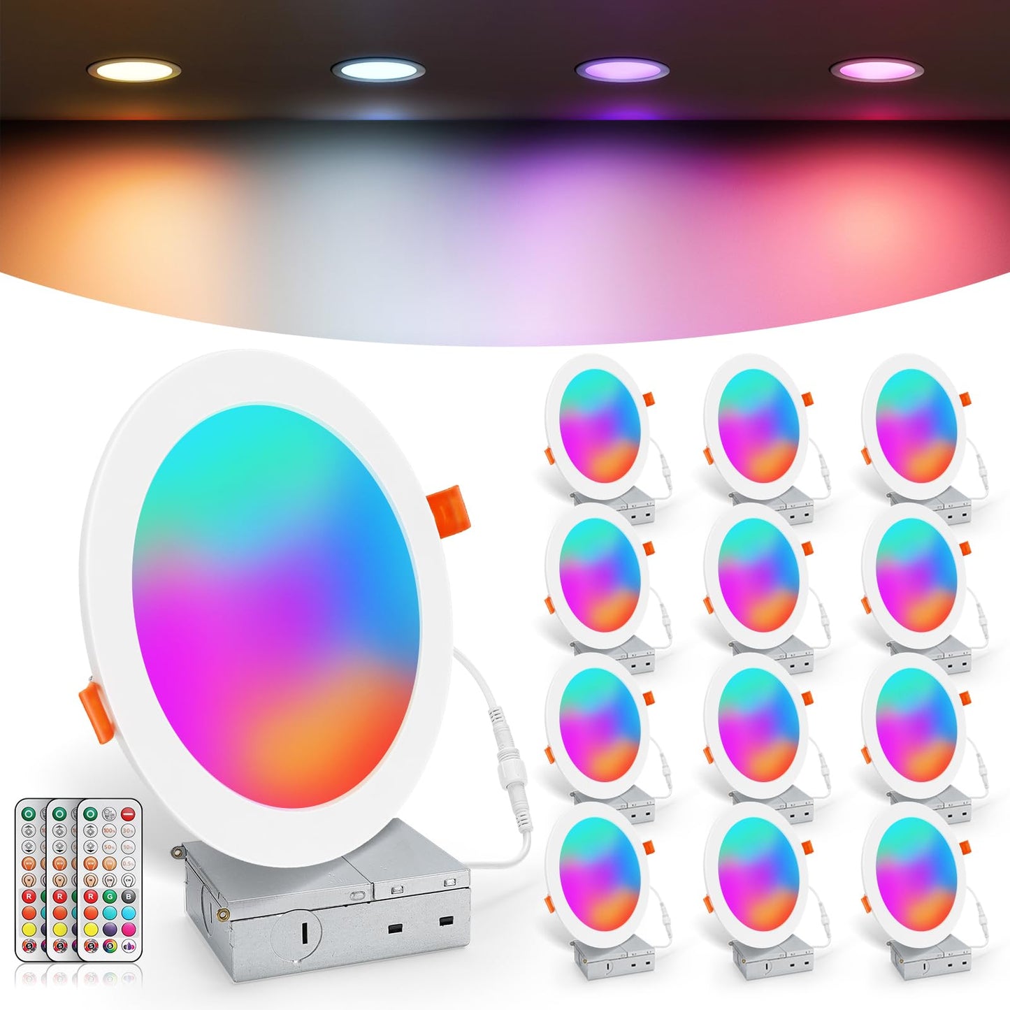VARICART 6 Inch RGBCW Color Changing Canless LED Recessed Lights, 16W 1500 Lumen, Dimmable, Aluminum, 12 Pack
