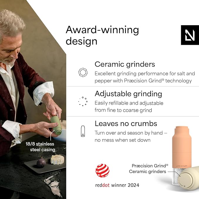 LARS NYSØM Salt and Pepper Grinder Set, Stainless Steel Manual Salt and Pepper Mills, Adjustable Ceramic Grinder, Design Spice Shakers (Peach/Beige)