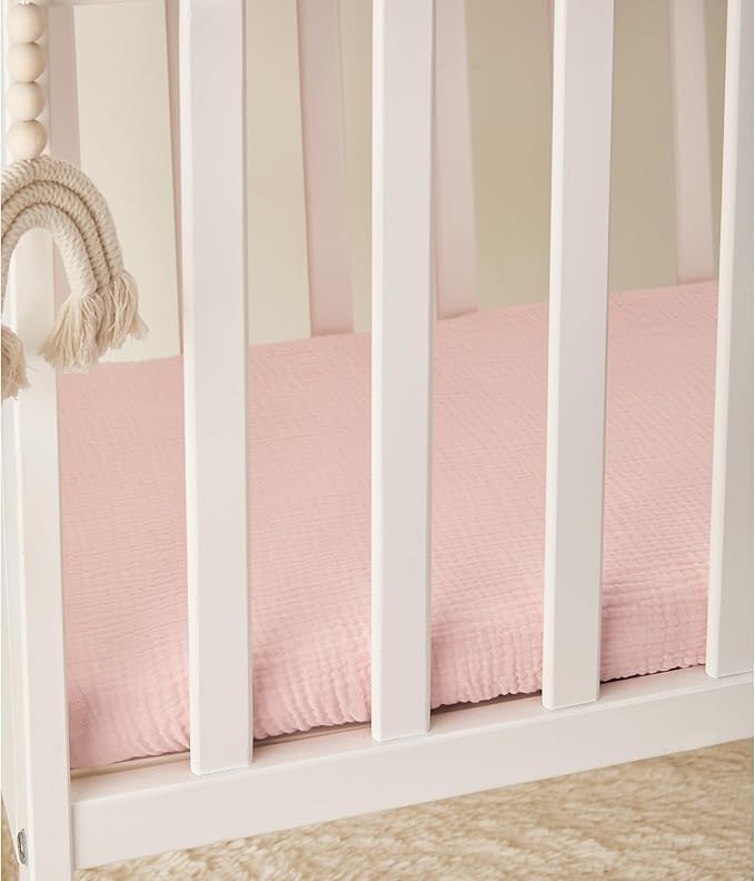 TILLYOU Muslin Bassinet Sheets Girls Boys, 100% Cotton Bassinet Sheets, Fit Oval, Rectangle and Square Mattress, 2 Pack，Light Purple&Light Pink
