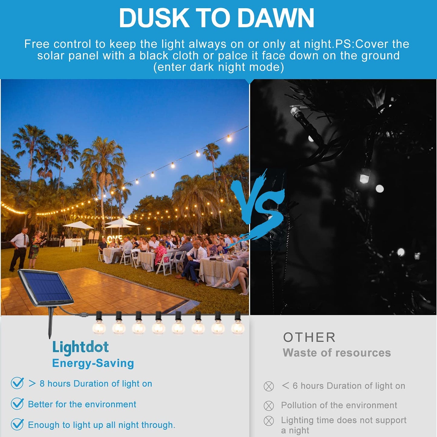 Lightdot Solar Outdoor String Lights, 48FT, Warm White, Waterproof, 16 Shatterproof LED Bulbs