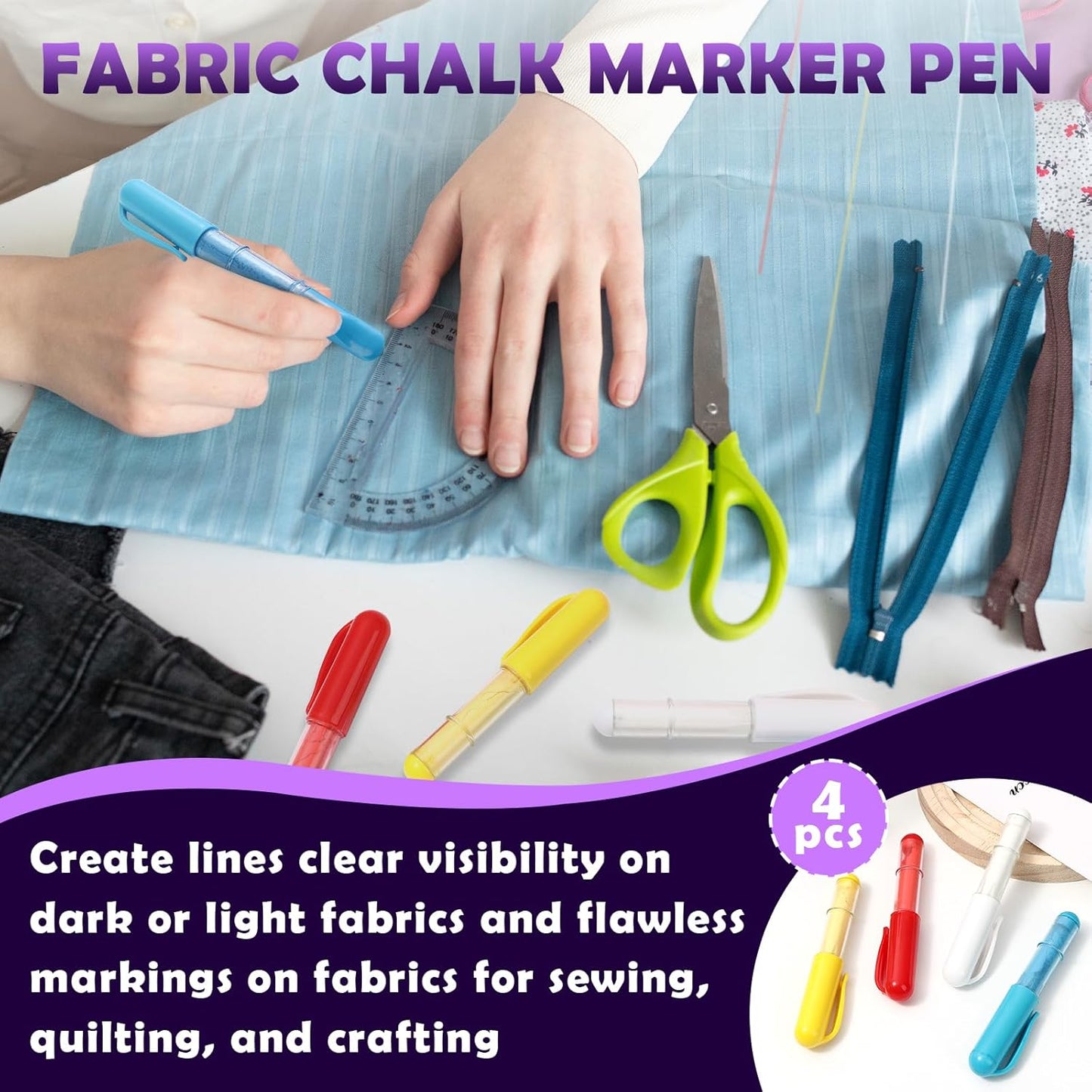 4PCS Sewing Chalk for Fabric, Wipeable and Washable Fabric Chalk for Sewing, Tailors Chalk for Fabric Etailed Marking on Fabrics, Cottons, Leathers - Blue, White, Red, Yellow