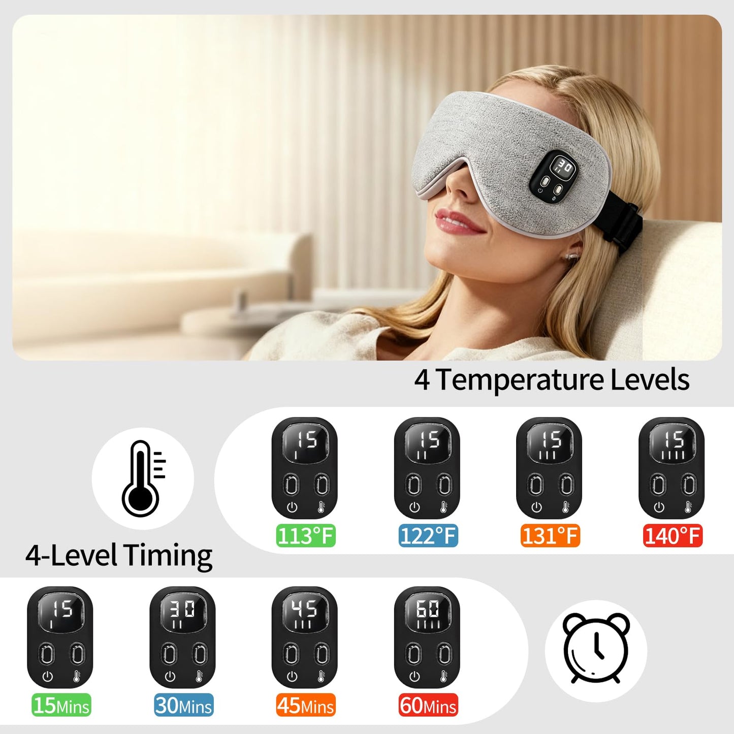 Heated Eye Mask - Cordless Eye Mask for Dry Eyes, Eye Relief, Improved Sleep, Washable Eye Heating pad for Travel Removable for Cleaning and 2 Covers, 4-Level Timing and Temperature (Gray)