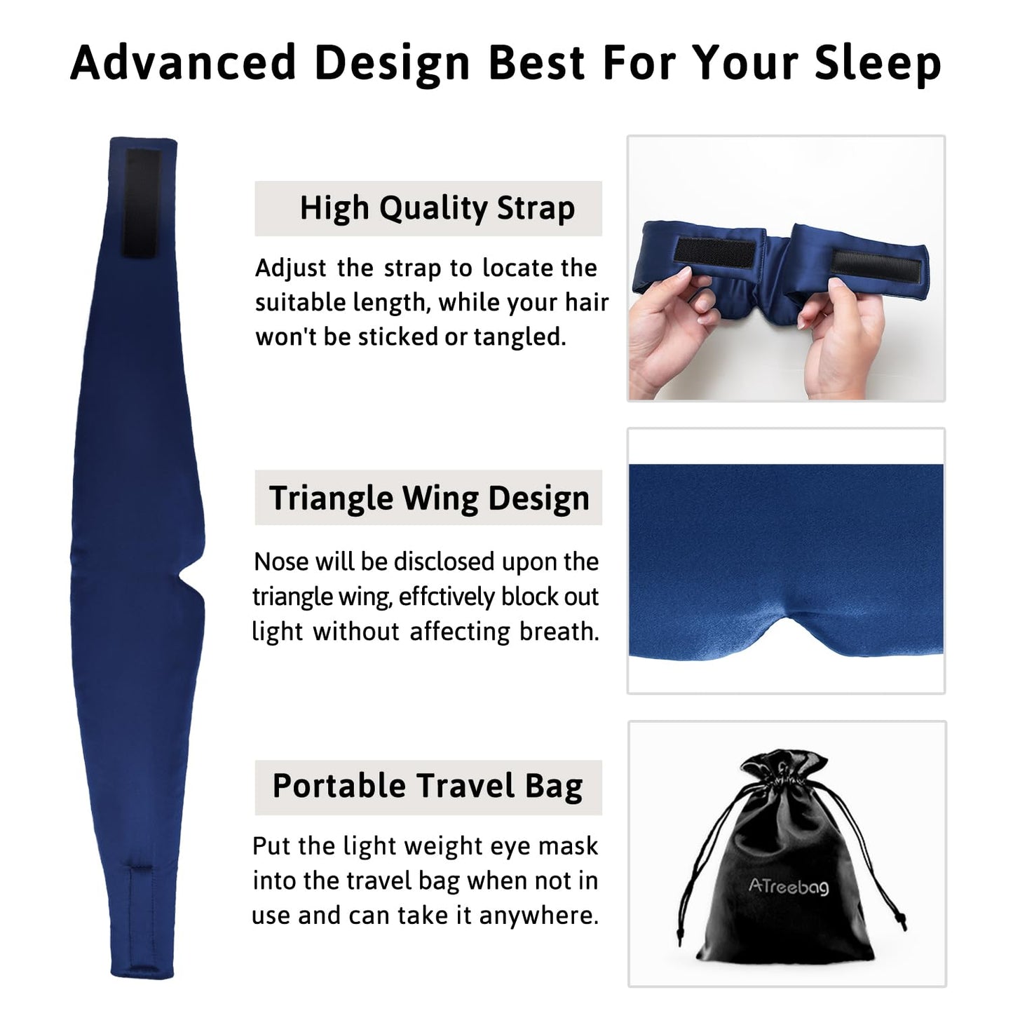 ATreebag Silk Sleep Mask for Women Men Satin, ATreebag Eye Sleeping Mask & Blindfold with Adjustable Strap, Large Size, 1 PC Navy Blue
