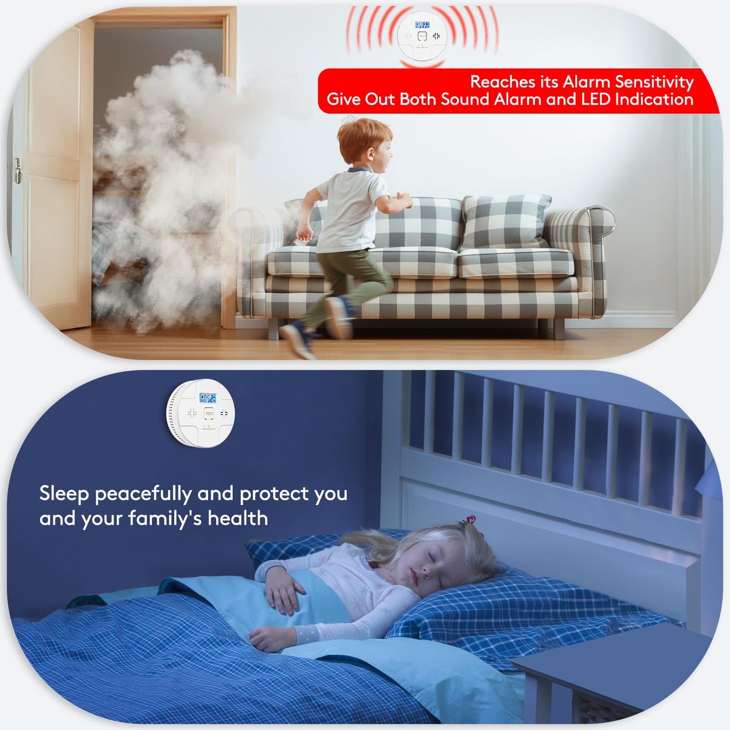 2 in 1,Combination Smoke and Carbon Monoxide Alarm,Detect CO,85 dB Alert,LCD Digital Readout,with 3 * 1.5V AA Batteries,Low Battery Warning,Self Test Button,Easy Installation and Maintenance
