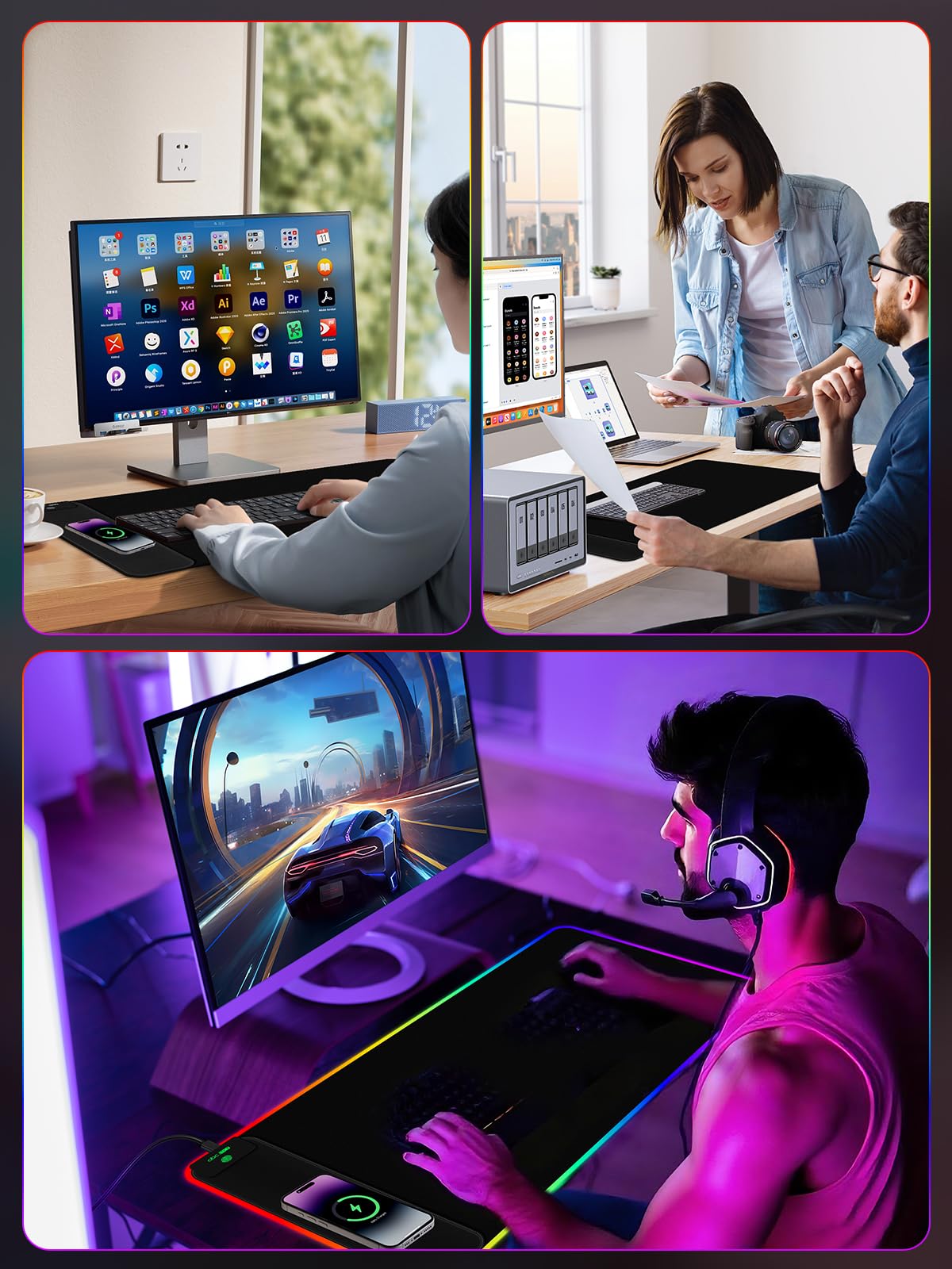 abc.mat 2-in-1 RGB Gaming Mouse Pad with Wireless Charging, 31.5"x15.8" Large, 24 Light Effects, Non-Slip Base, Waterproof Ultra-Smooth Surface, No Adapter