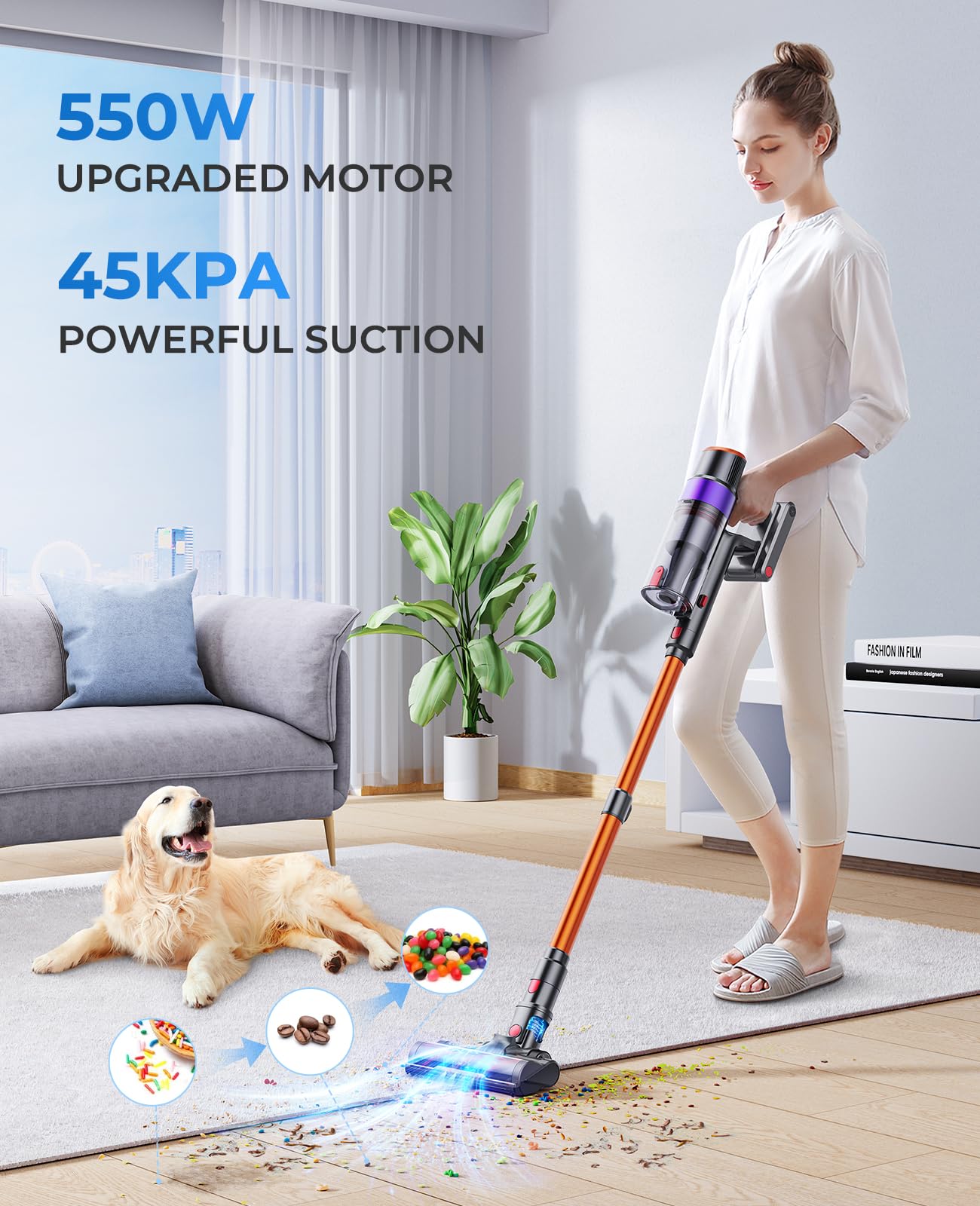 Fieety Cordless Vacuum Cleaner, 550W 45Kpa Cordless Stick Vacuum Cleaner With 60Mins Rechargeable Battery, Led Touch Display, Ha