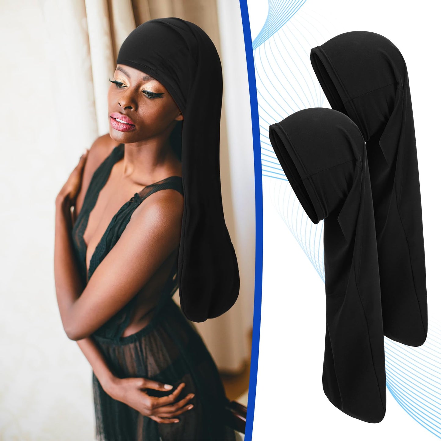 Twistover 2 Pcs Jumbo Black Dreadlock Cap Hair Dreads Head Wrap Loc Wraps for Dreads Hair Accessories for Men Women Sleeping (25