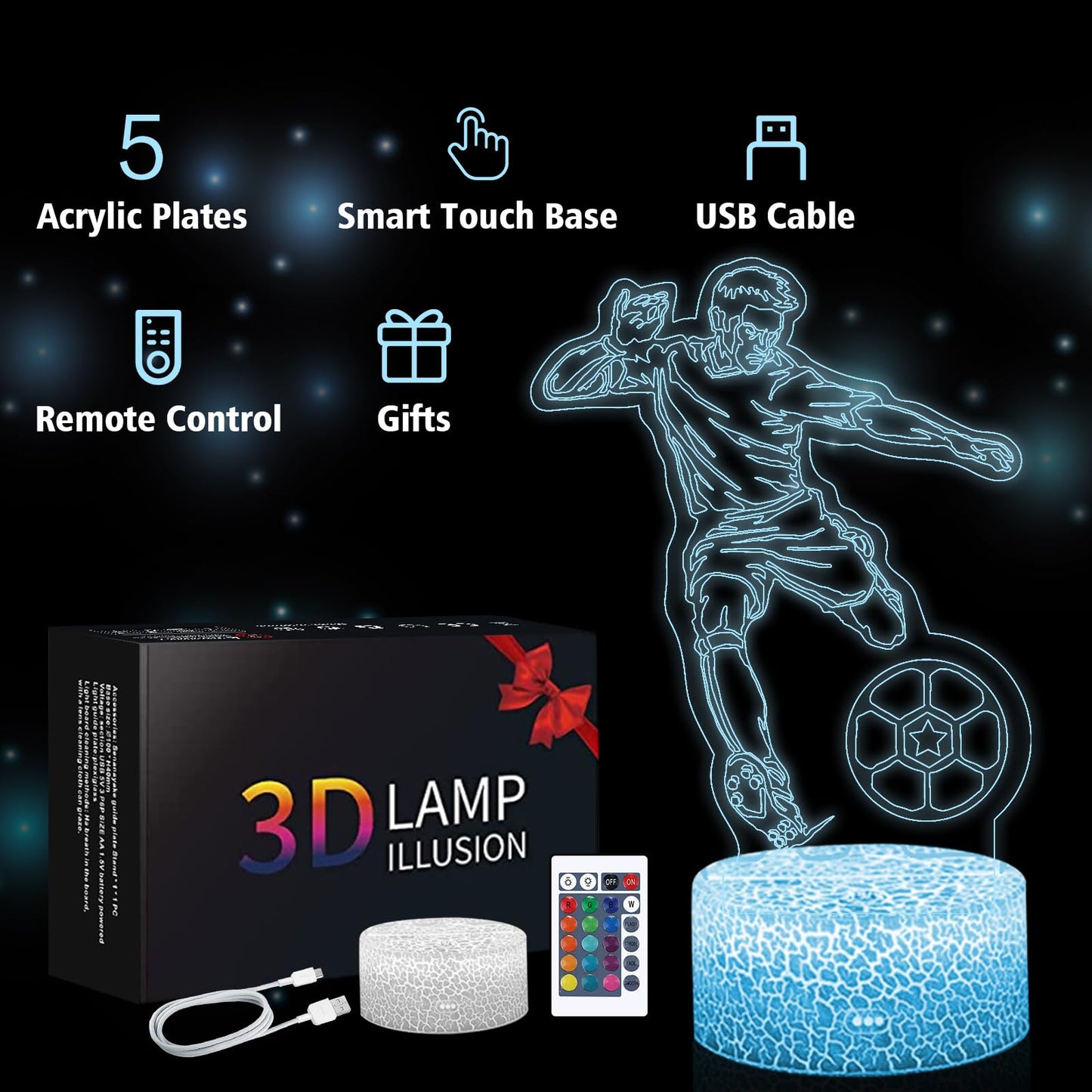 Shellvcase Soccer Night Light 3D Lamp Set with Remote Control, 16 Colors, 5 Pcs, Kids Gift, Model 3736651, Color 5pc-Soccer