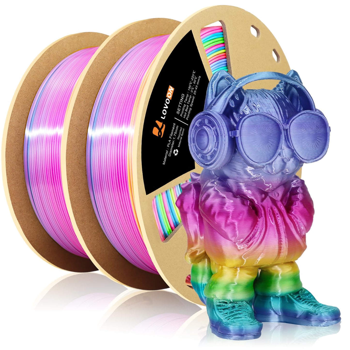 LOVOON 3D Printing Filament Bundle 2 KG, Silk Rainbow Gradient Green/Blue/Purple/Pink/Yellow 3D PLA Filament 1.75mm, Color Chang