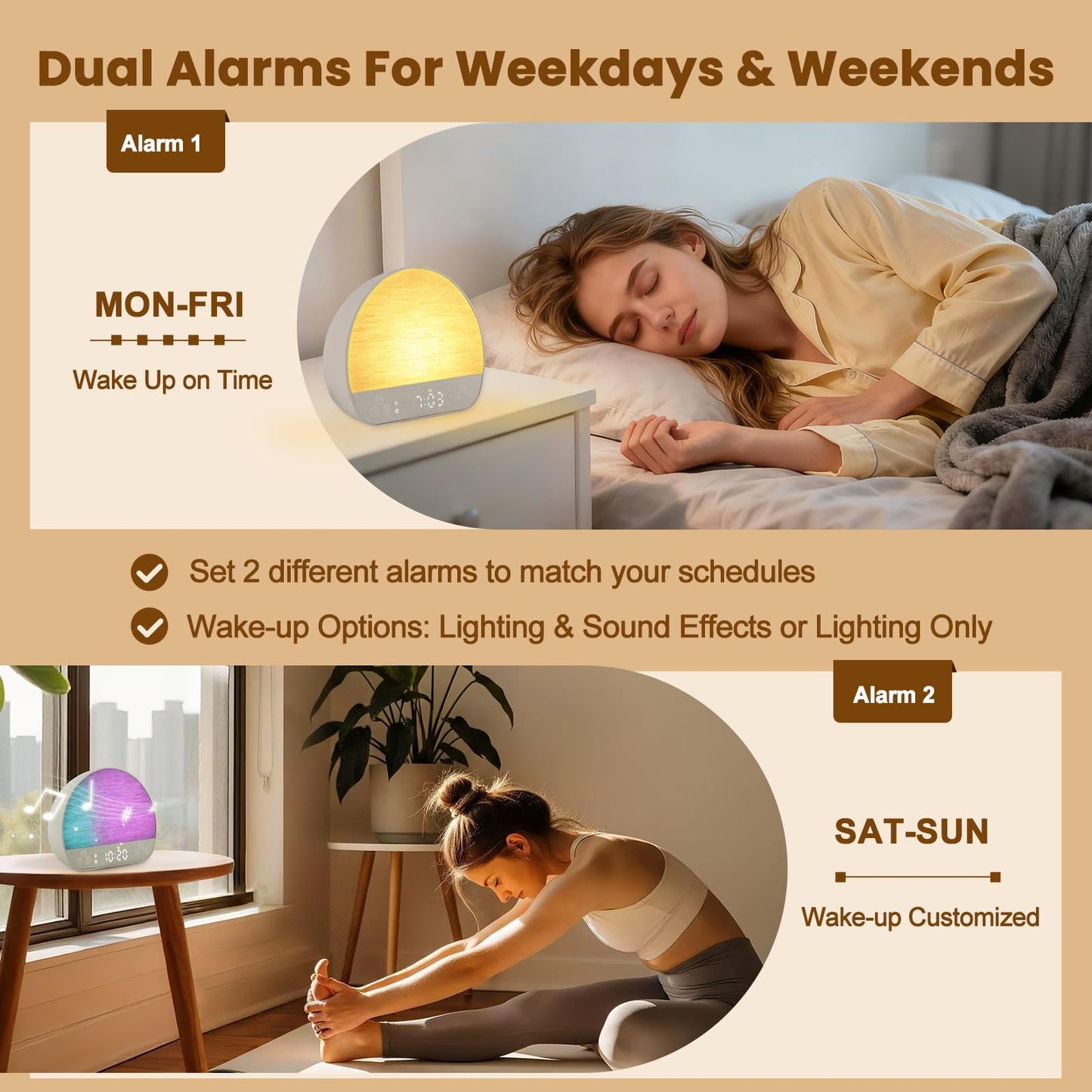 JONRRYIN Sunrise Alarm Clock, Sound Machine Alarm Clock for Bedroom| Wake Up Light for Heavy Sleepers Gift- Bluetooth, Tap to Snooze, USB Charging, 37 Sounds, 15 Colors, Timer, Dual Alarms, Dimmable