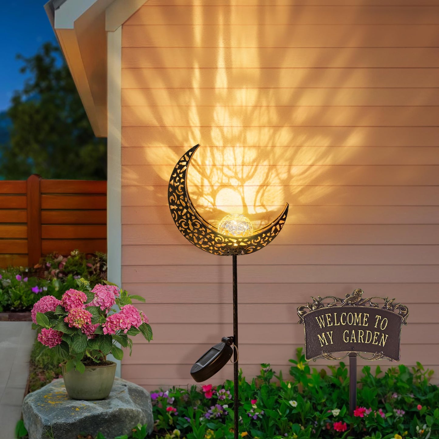 2Pack Moon Garden Solar Lights Outdoor Stakes Waterproof, Gifts for Mom, Crackle Glass Halloween Backyard Decor Balcony Lawn Ornaments, for Women Men Grandma (Bronze)