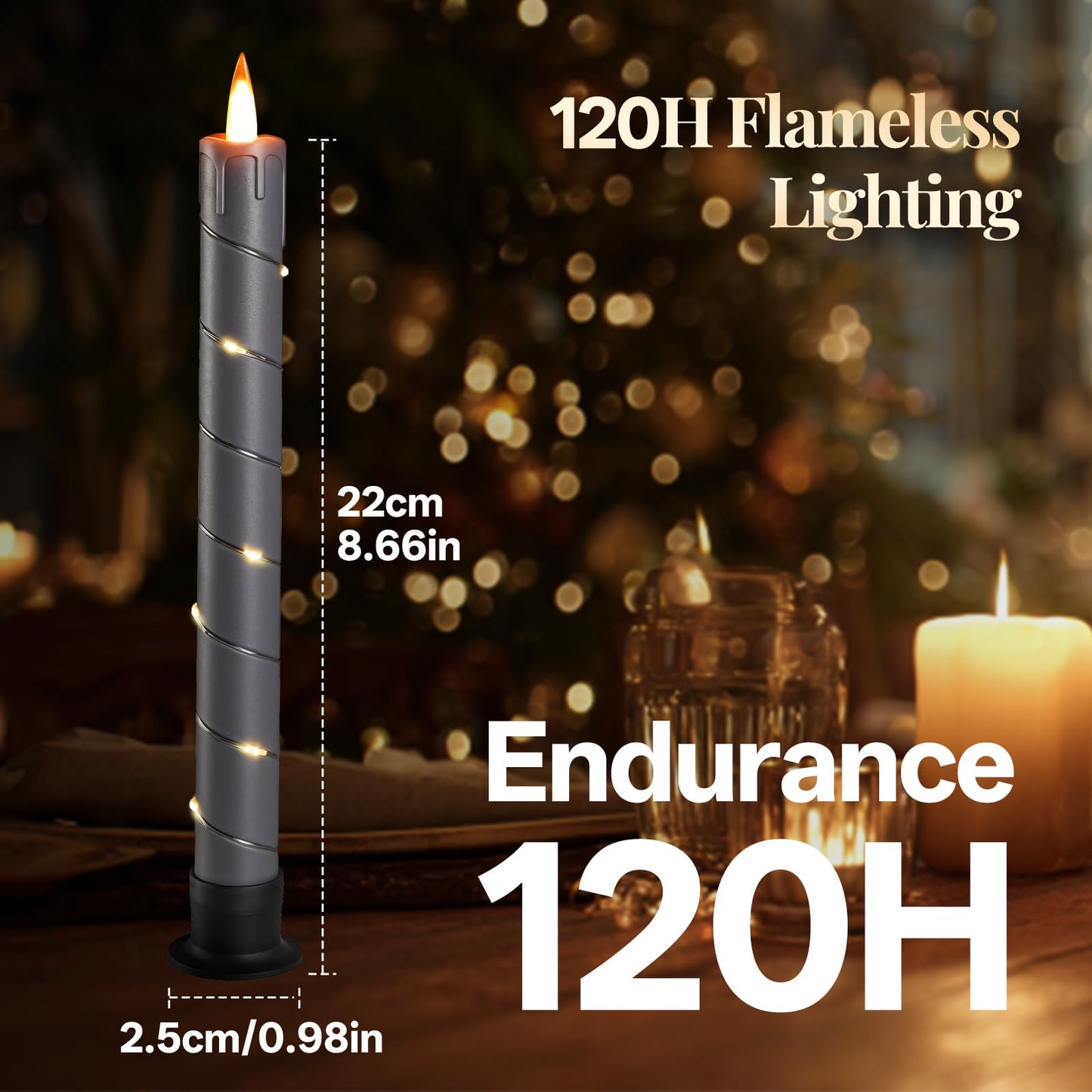 Rlojru 3Pcs Flameless Taper Candles Grey Black Battery Operated, With Embedded Fairy String Lights, Led Flickering Flame Candle,