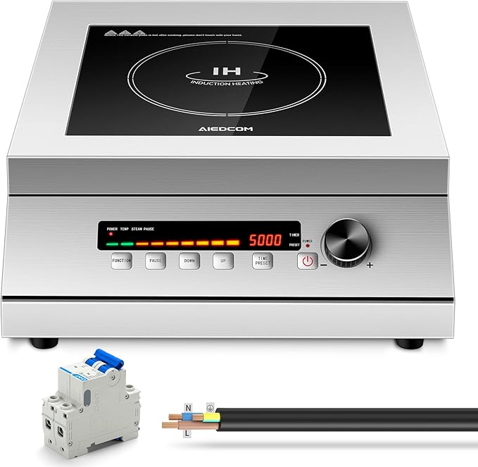5000W 240V Commercial Induction Cooktop, High Power Induction Electric Stove, Countertop Burner with Press/Knob Controller, LED Strip Display (with 2p Miniature circuit breaker, No Plug)