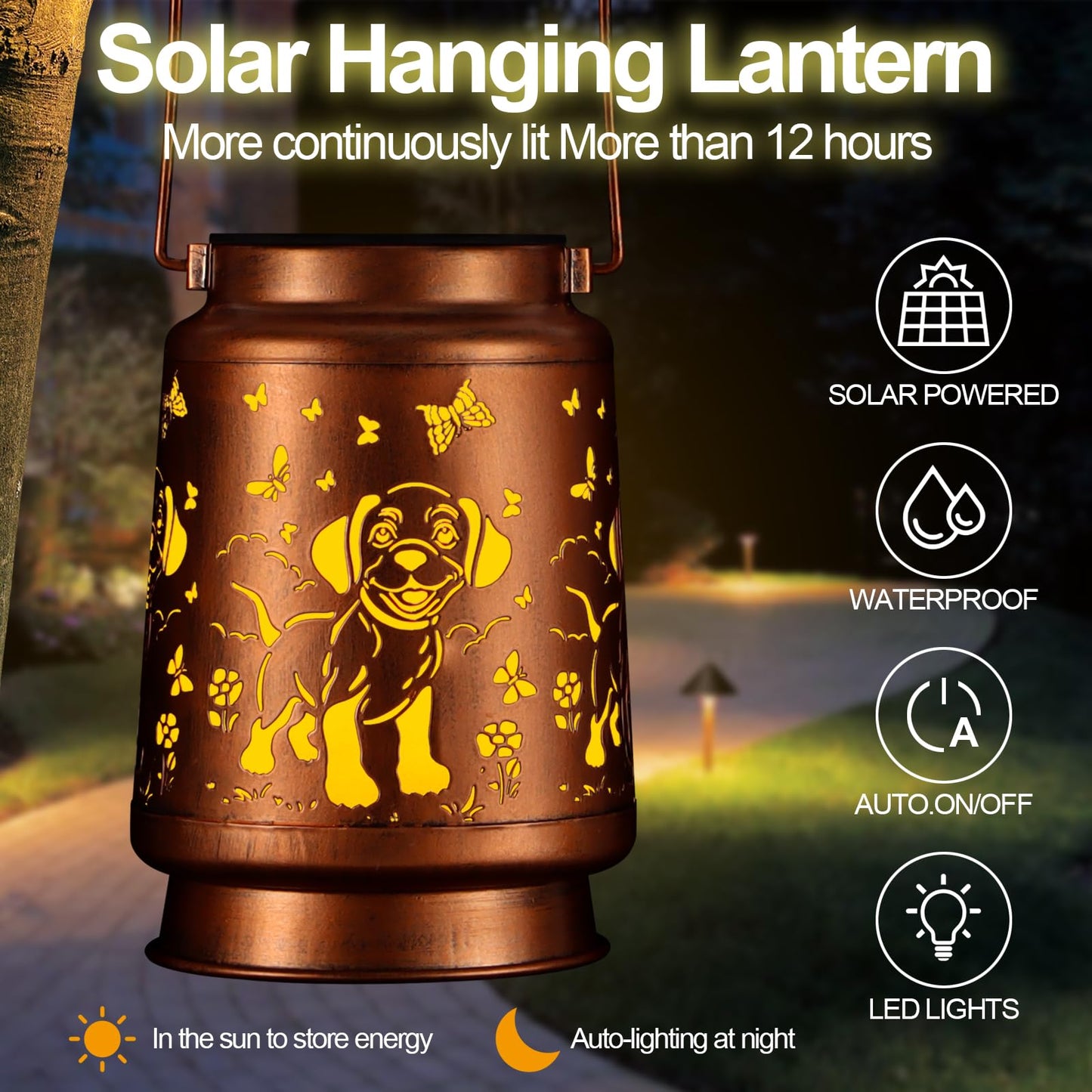 Solar Lantern Outdoor Hanging Waterproof Outside Metal Openwork Hummingbird Pattern Birthday Gifts For Women Mom Landscape Lights For Porch Garden Yard Patio Pathway Decor(Dogs And Butterflies)