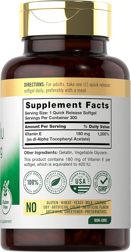 Carlyle Vitamin E Softgel Capsules 400 IU | 180mg | 300 Count | Non-GMO and Gluten Free Formula