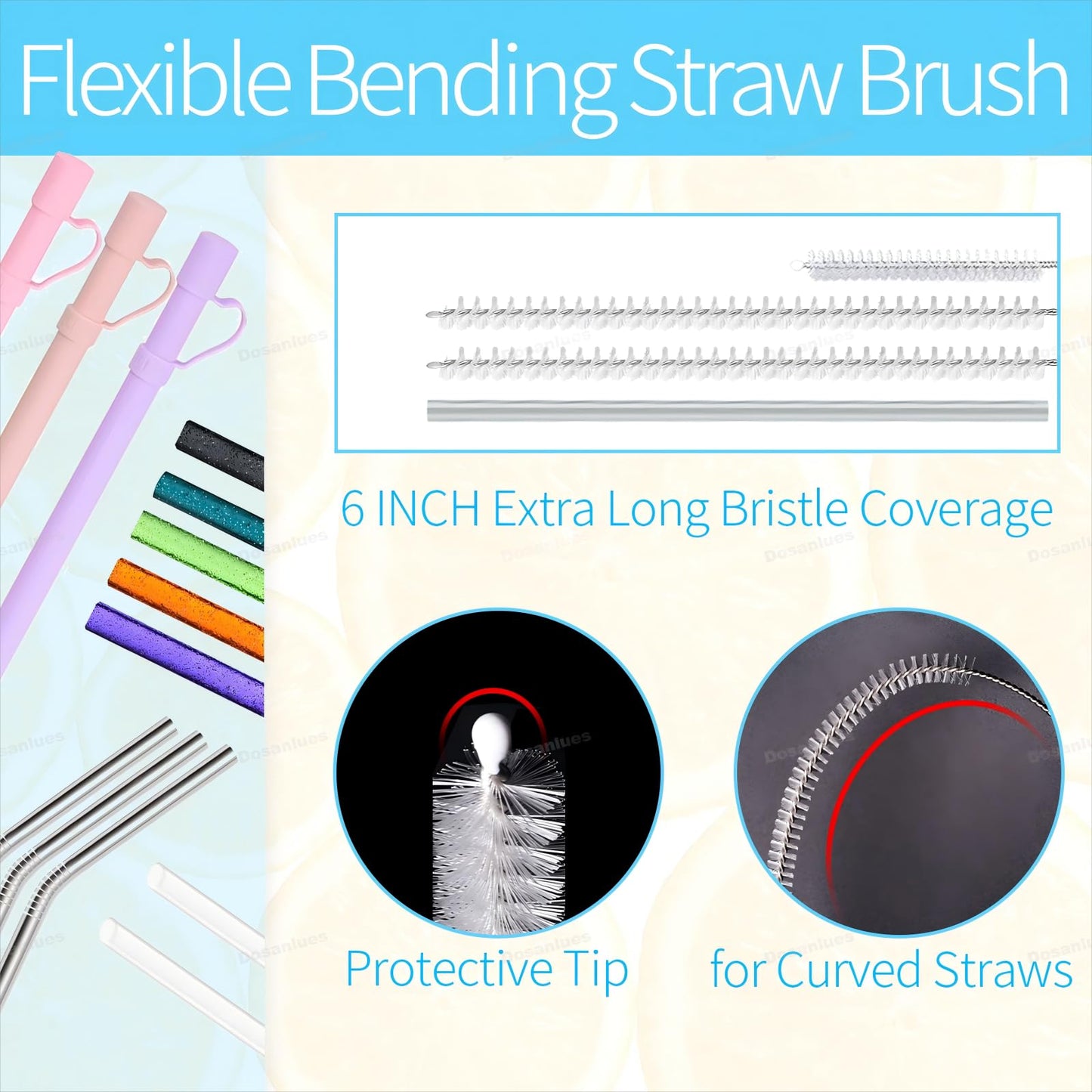 Dosanlues 8Pcs Water Bottle Cleaner Brush - Multipurpose Cup Cleaner Kit with Long Nylon Straw Brush Long Handle Silicone Bottles Cleaning for Tumbler, Sports Water Bottle, Wine Glass