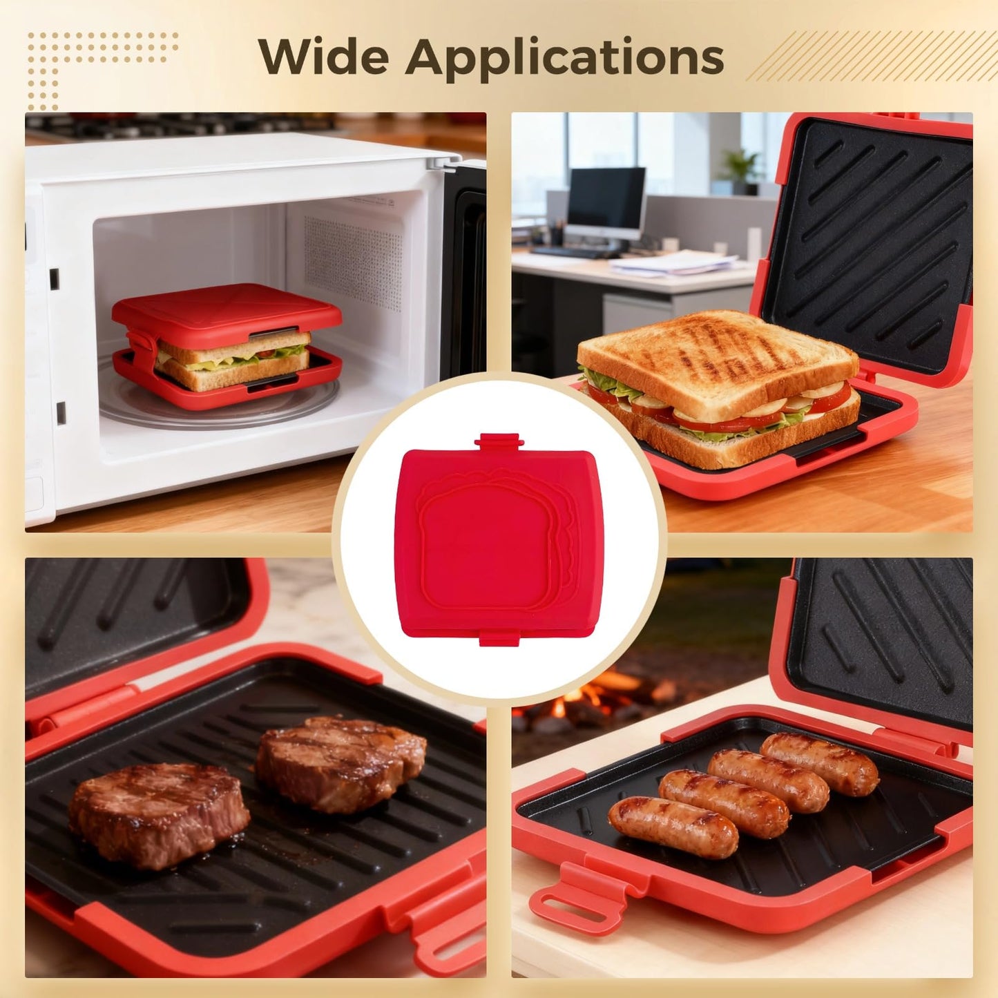 Microwave Toastie Sandwich Maker, Quick Grill Pan with Metal Tray, Non-Stick Silicone, Compact Size 6.6 x 6.3 x 1.2 in, Easy to Clean, No Preheating Required, Red