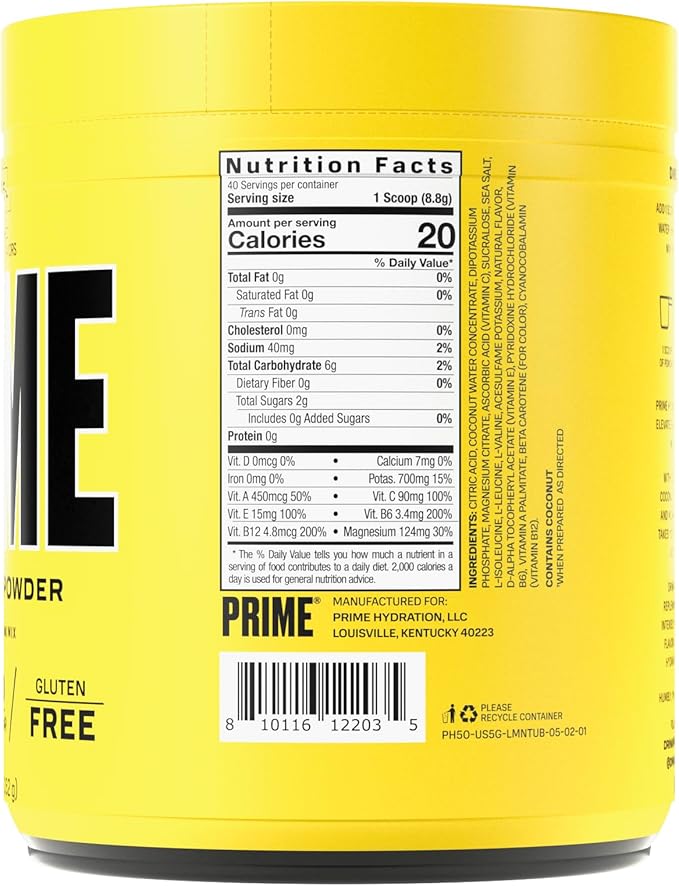 PRIME HYDRATION+ Powder Lemonade, Caffeine-Free, Electrolyte Drink Mix, 12.41 Oz