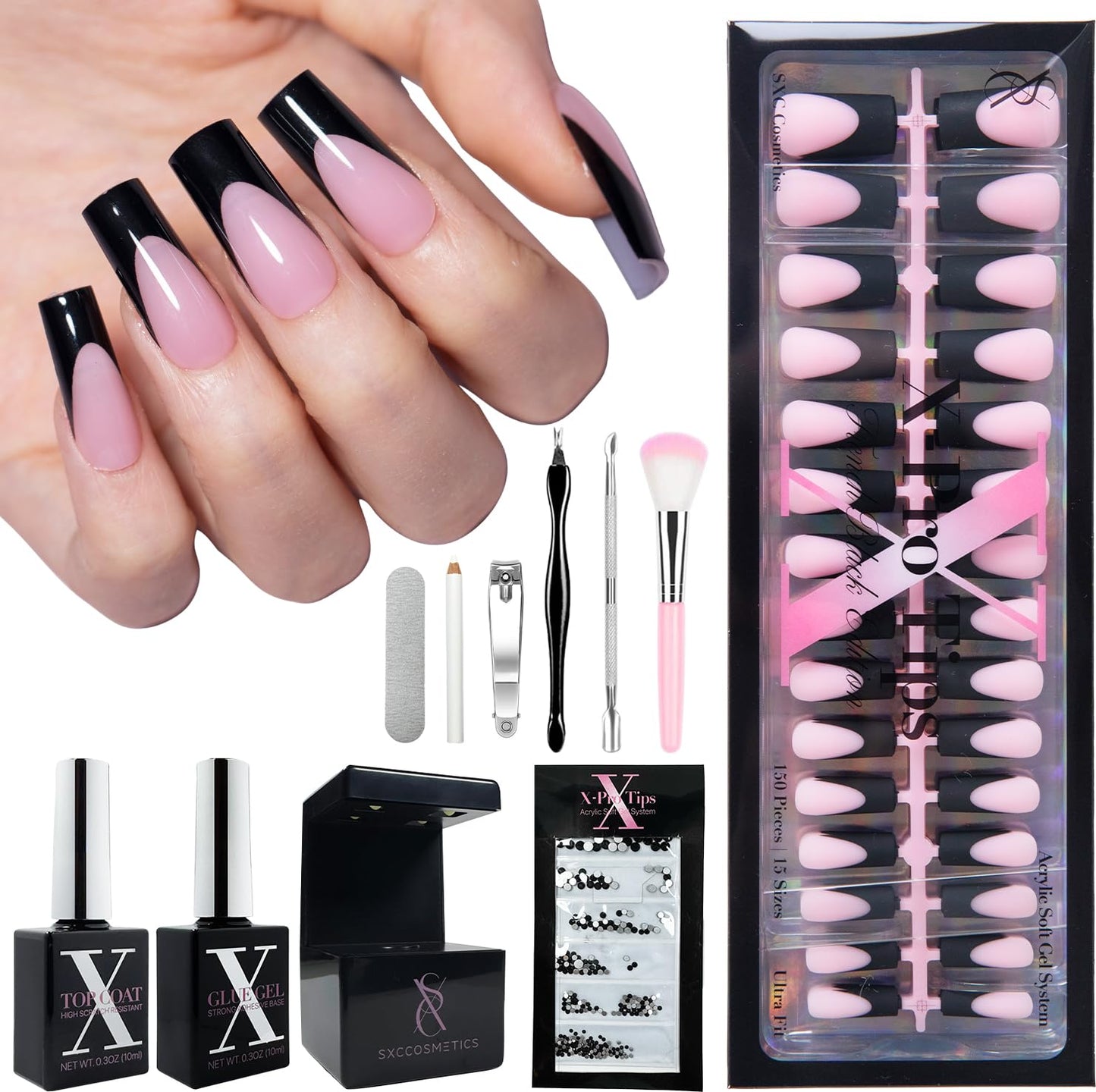 SXC Cosmetics French Tip Press On Nails - Black Series, Medium Square, X-Pro Tips Starter Kit | 150PCS, 15 Sizes, 5 Styles, Begi