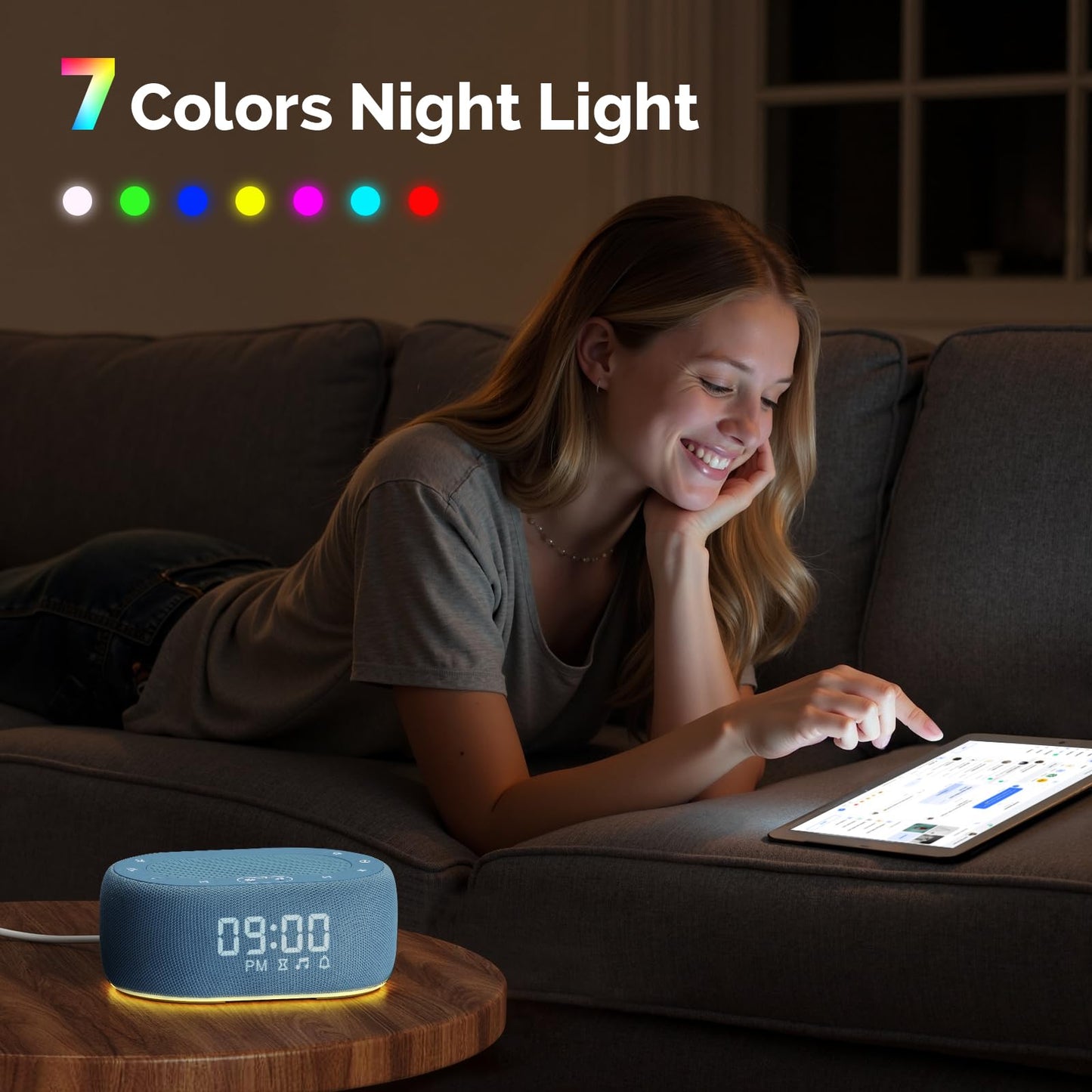1Mii White Noise Sound Machine for Sleep, Pink Noise Machines for Baby Adults Sleeping, 18 Soothing Sounds with 7-Color Night Light, Timer, Alarm Clock, 16 Volume Levels, Easy App Control - Blue