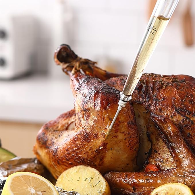 Turkey Baster Syringe Large, Long Meat Basters for Cooking & Basting, Plastic Turkey Baster with Marinade Injector Needle, Silicone Bulb & Basting Brush and Cleaning Brush, Red 3/4 oz