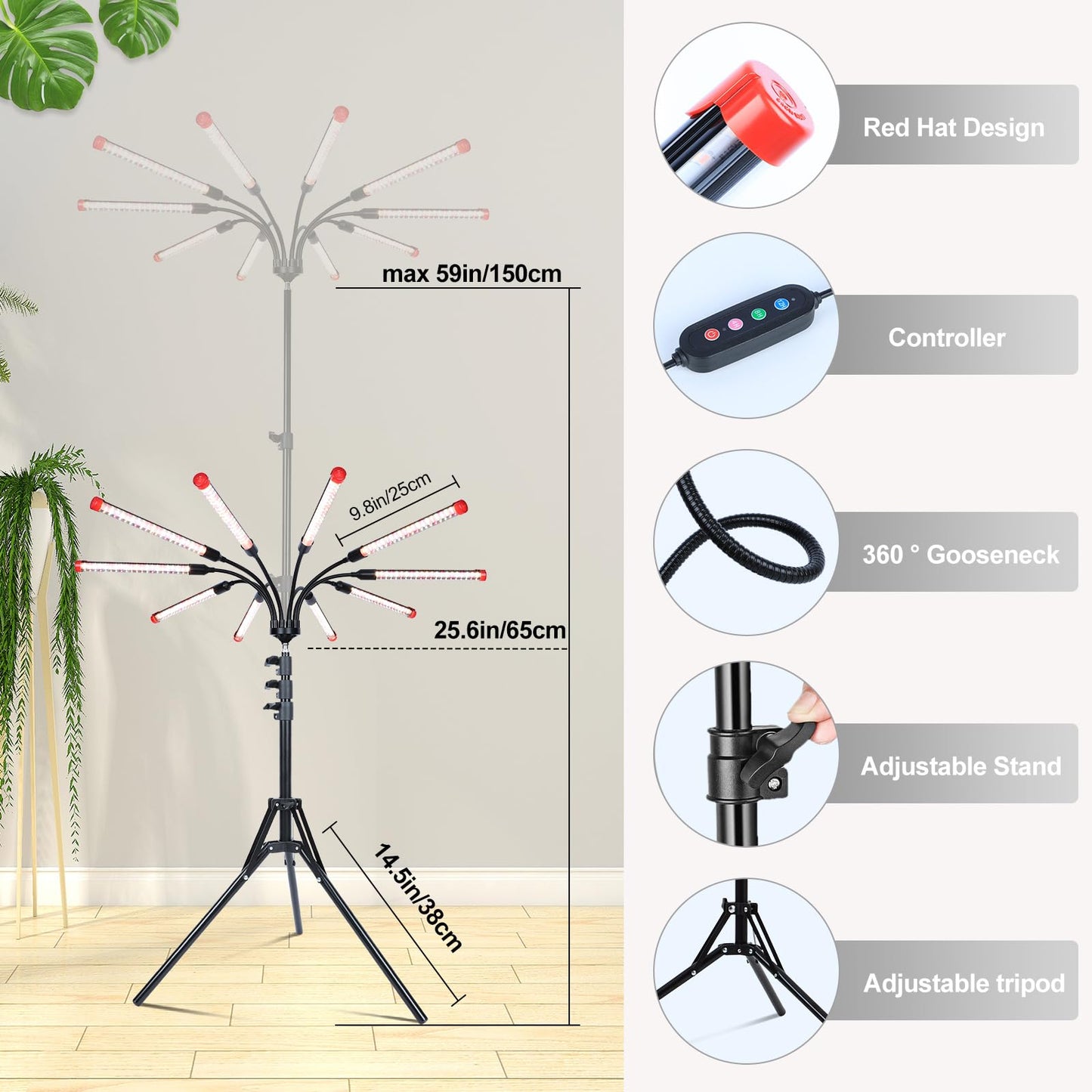 FECiDA 90W LED Grow Light for Indoor Plants, 10-Head, Full Spectrum, Black, Model ZH_GL_RH