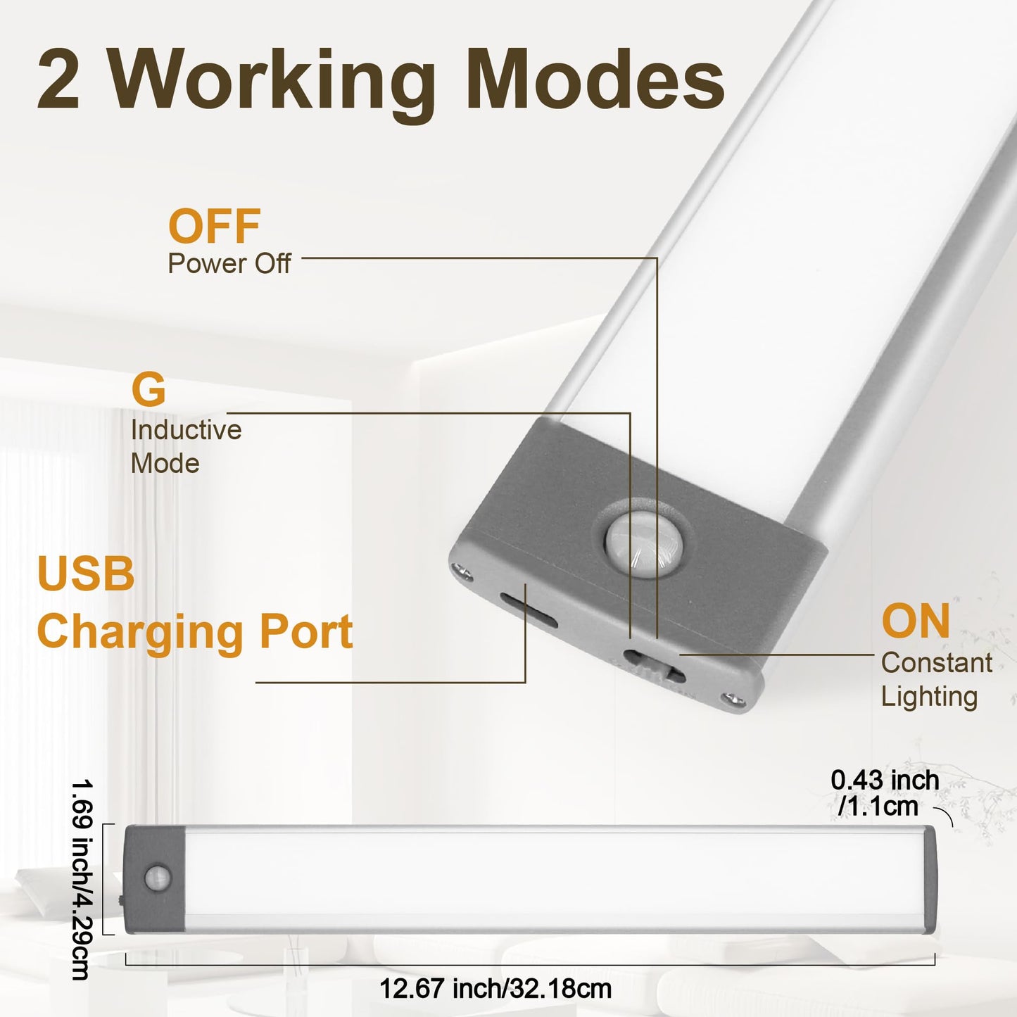 Lepotec 54 Led Under Cabinet Light, Rechargeable Wireless Motion Sensor, Ultra Thin Design, Silver-White, 12.5 (2 Pack)