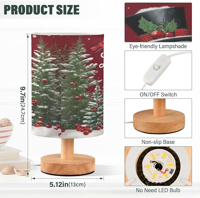 Dussdil Christmas Snowmen Cardinals Trees Table Lamp Bedroom Bedside Night Reading Desk Lamps Cylinder Nightstand Sleeping Light Lamp for Xmas Party Living Room Office Decor
