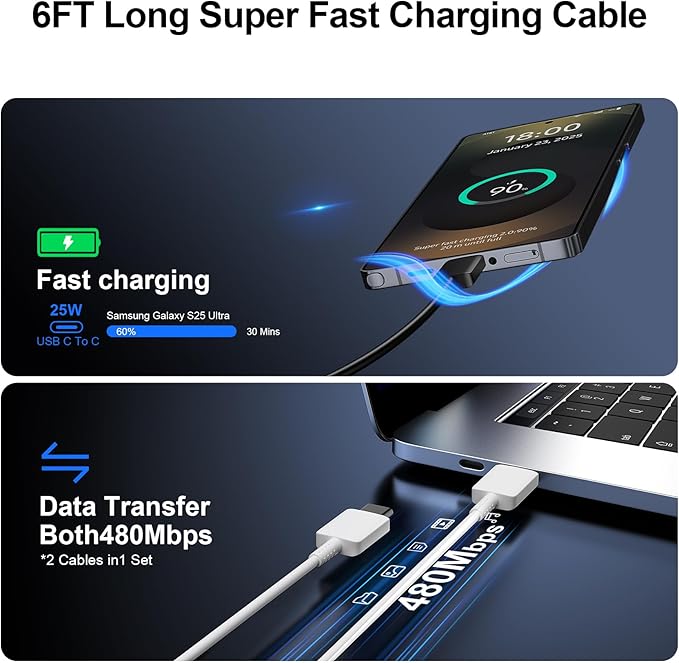 Super Fast Charger Type C, 25W USB C Wall Charger Fast Charging for Samsung Galaxy S25 Ultra/S25/S25+/S24+/S24 Ultra/S24/S24+/S23 Ultra/S22 Ultra/S21 Ultra with 6FT Long Type C Charger Cable 2Pack