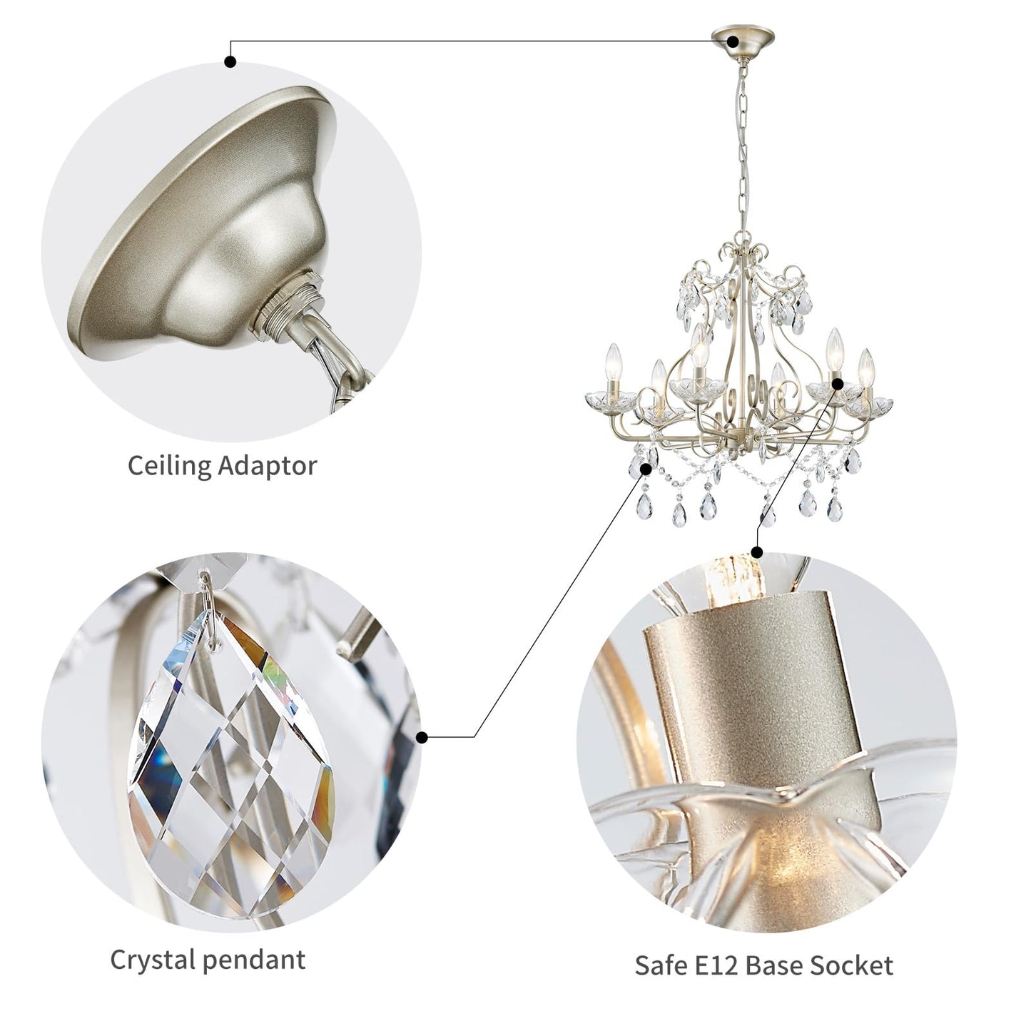Wuzups Crystal Candle Chandelier Pendant Flushmount Ceiling Light Modern Lighting Fixture For Bedroom Hallway Bar Kitchen Bathroom  H 22.5 X W 21.7  Nickel  E12 Base