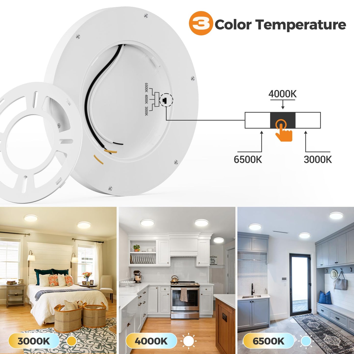 Slochi 3 Pack Flush Mount Ceiling Light Fixtures, 12 Inch Ultra Thin, White, 3000K-4000K-6500K, 100W Equivalent, Plastic