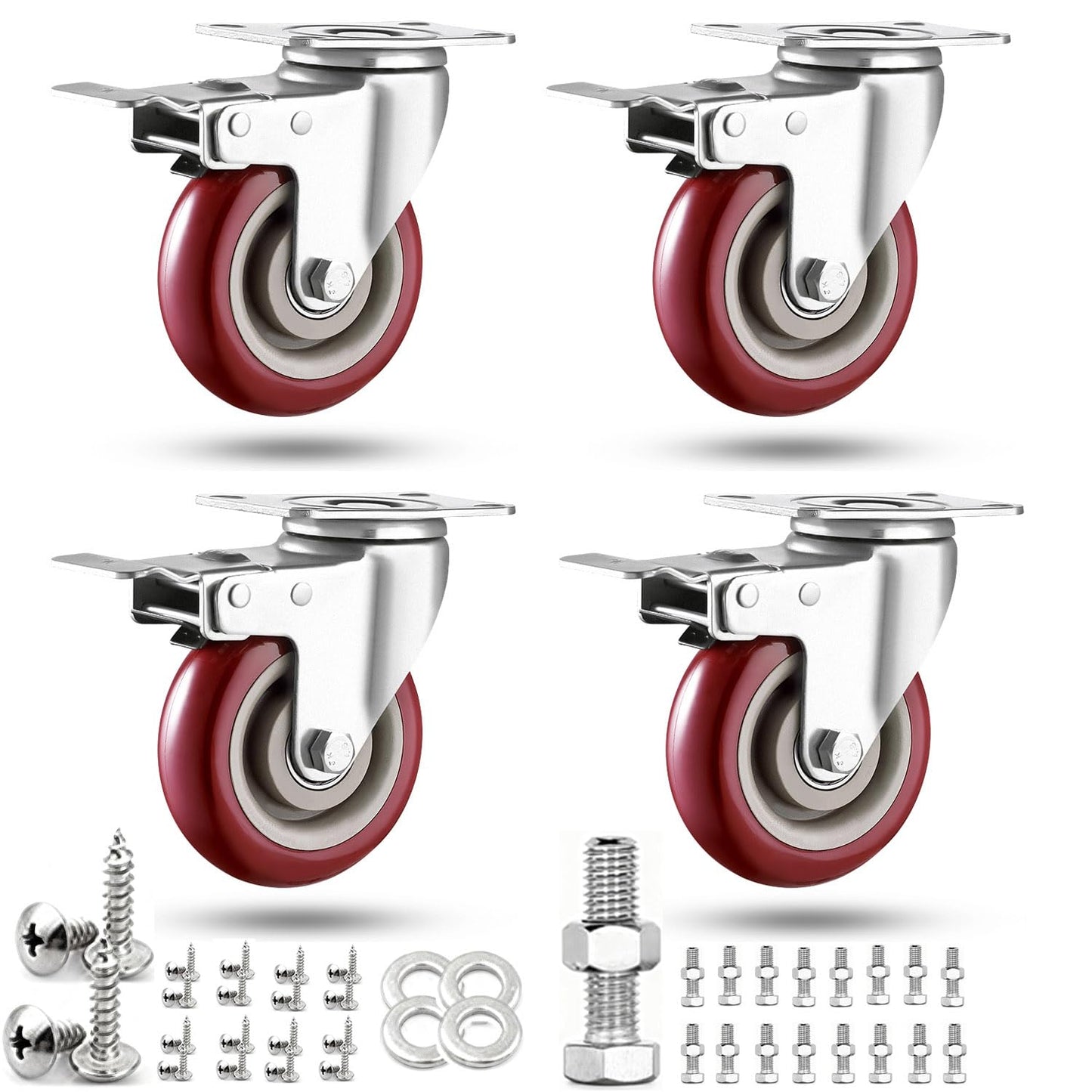 4 inch Casters Load 2400lbs -Includes 2 Sets of Adaptive Screws -Lockable Bearing Plate Heavy Duty Caster with Brakes, 360-degree Swivel for Furniture and Workbench Cart, Set of 4