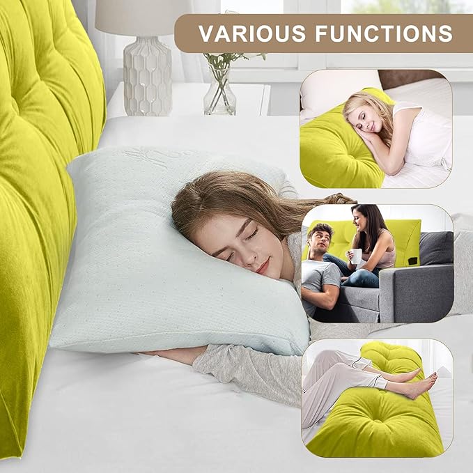 Large Triangular Headboard Pillows Long Backrest Positioning Support Bolster Cushion for Daybed Fluffy Quality Plush Body Wedge Pillow with Removable Cover(Yellow Green-Queen-59x8x20in)