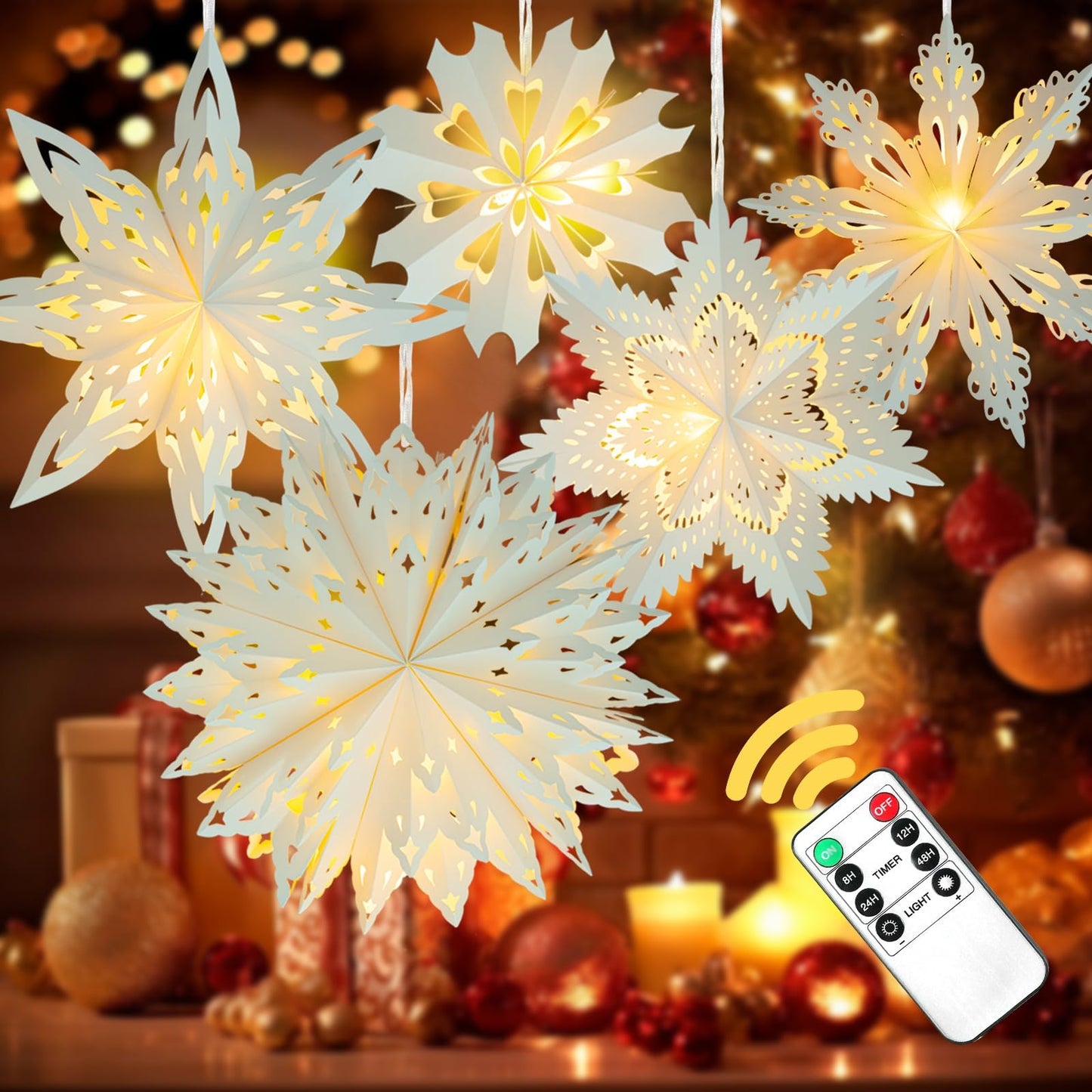 5 Pack Christmas Paper Snowflake Lanterns  Christmas Paper Star Lantern With Led Light White Hanging Lamp Ornaments For Xmas Tree New Year Winter Frozen Weddings Birthday Holiday Party Decorations