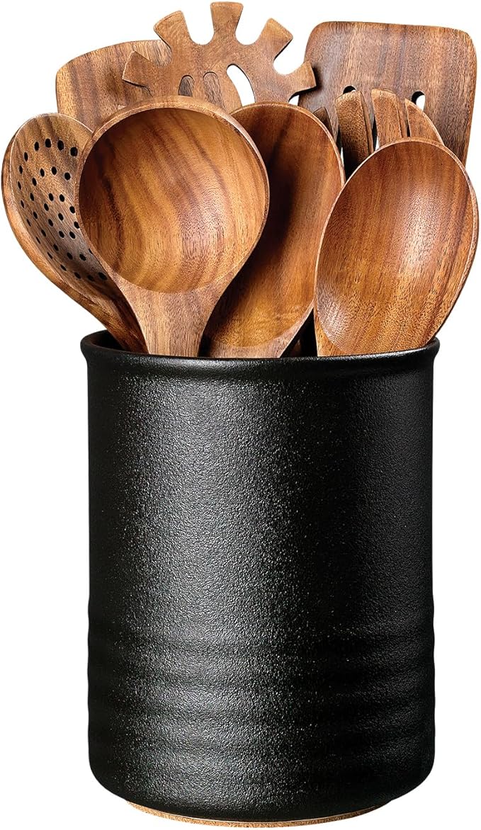 Utensil Holder, 6.7" Ceramic Kitchen Utensil Crock for Countertop Cooking, Modern Utensil Caddy Jar Organizer for Farmhouse Kitchen Counter Décor, Textured Black