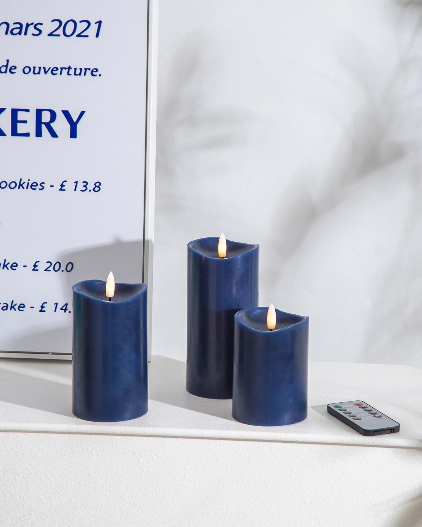 Velsyn Navy Blue Flameless Candles with Remote and Timer, Real Wax Made LED Pillar Candles Battery Operated with 3D Flickering Flame Melted Top, 3" x 4", 3" x 5", 3" x 6", Navy Blue Decor, Set of 3