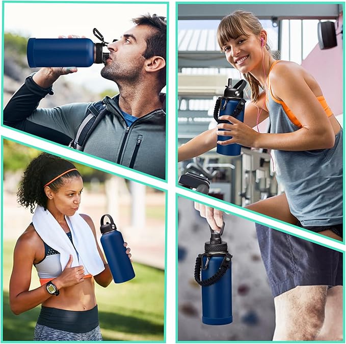 Stainless Steel Water Bottles 32oz - w/Paracord Handle, Straw/Spout Lid, Carrying Case & Protective Boot, Leak Proof Metal Thermo Bottle, Double Wall Vacuum Insulated Bottle Keep Cold 48H & Hot 24H