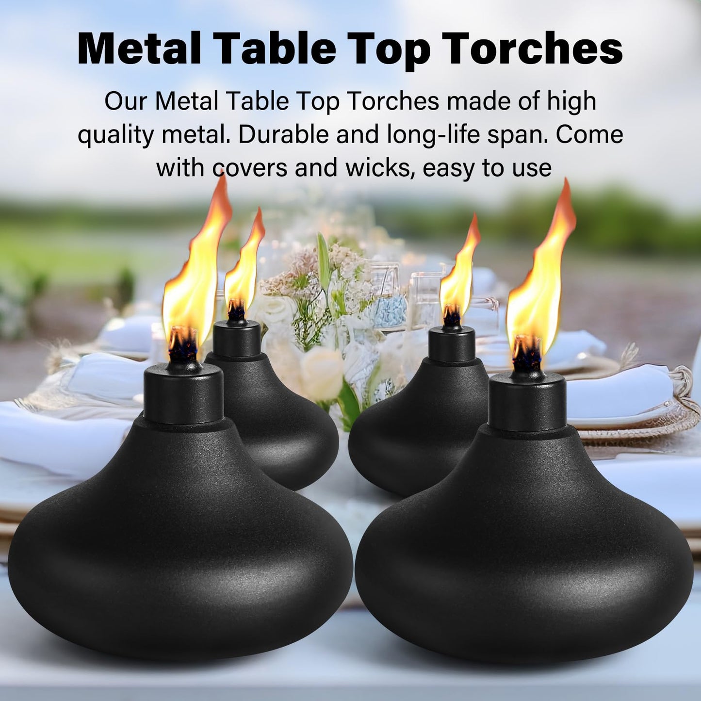 FAN-Torches 8 Pack Metal Table Top Torches, Refillable Citronella Light, Black, Model JYW-ZM-08