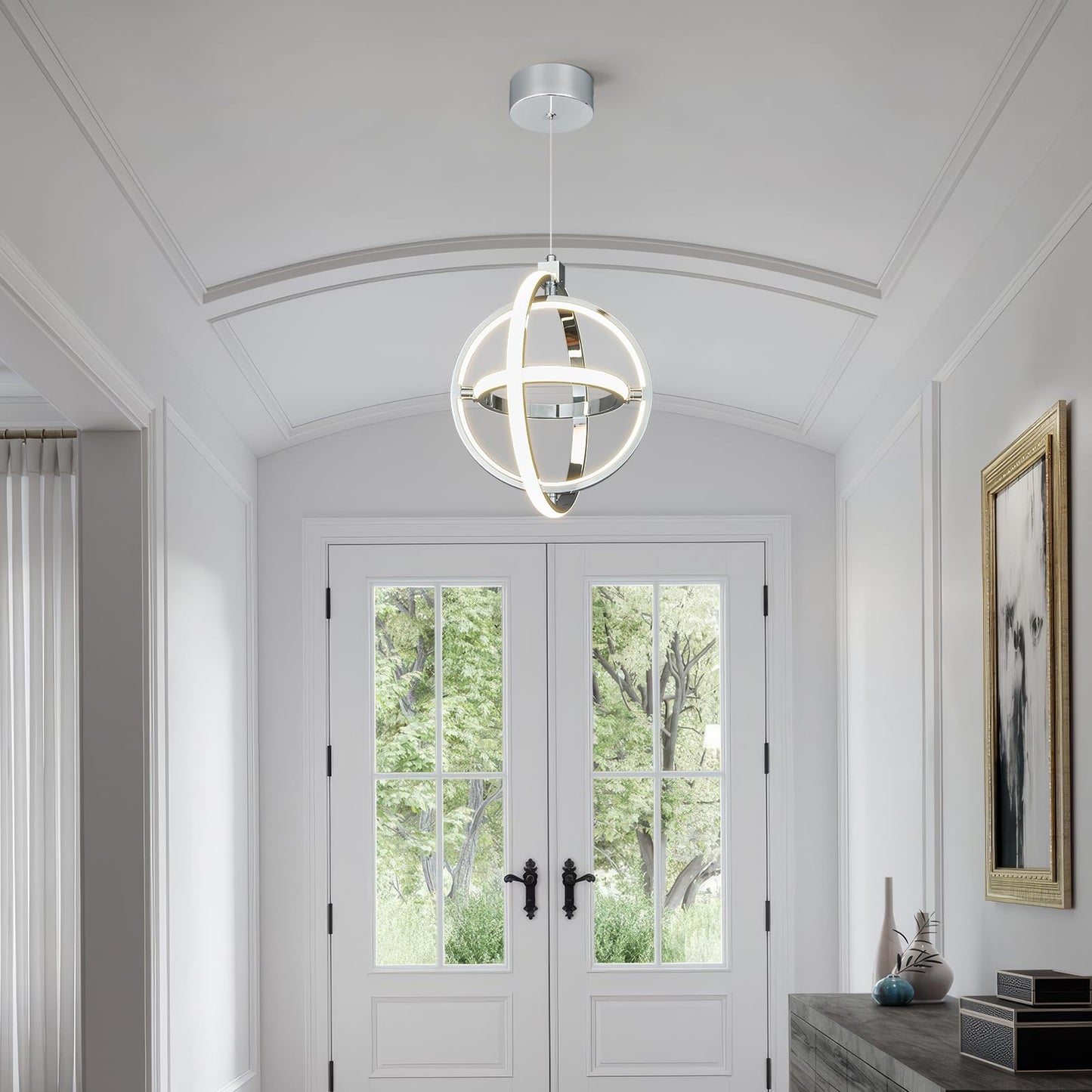 Bnhhlz Modern Led Pendant Light Chrome Pendant Lights 4000K Dimmable External Glow Height Adjustable Pendant Lighting For Kitchen Island Dining Room Bedroom Living Room Foyer(3-Ring)