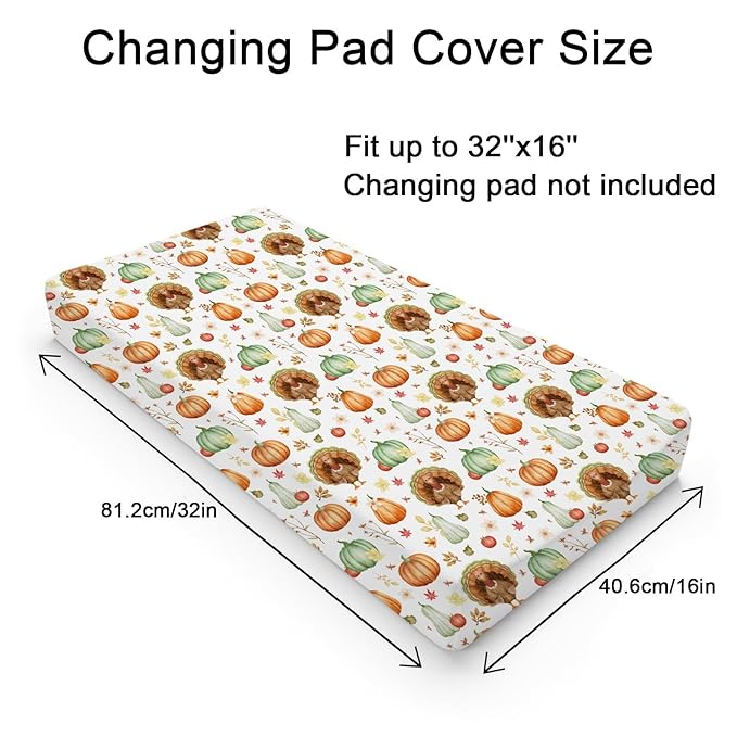 Thanksgiving Turkey Pumpkins Baby Changing Pad Covers for Boy Girl 32''x16'' Fall Turkey Maple Leaves Autumn Floral Fitted Change Table Mats Soft Breathable Nursery Diaper Changing Table Sheets